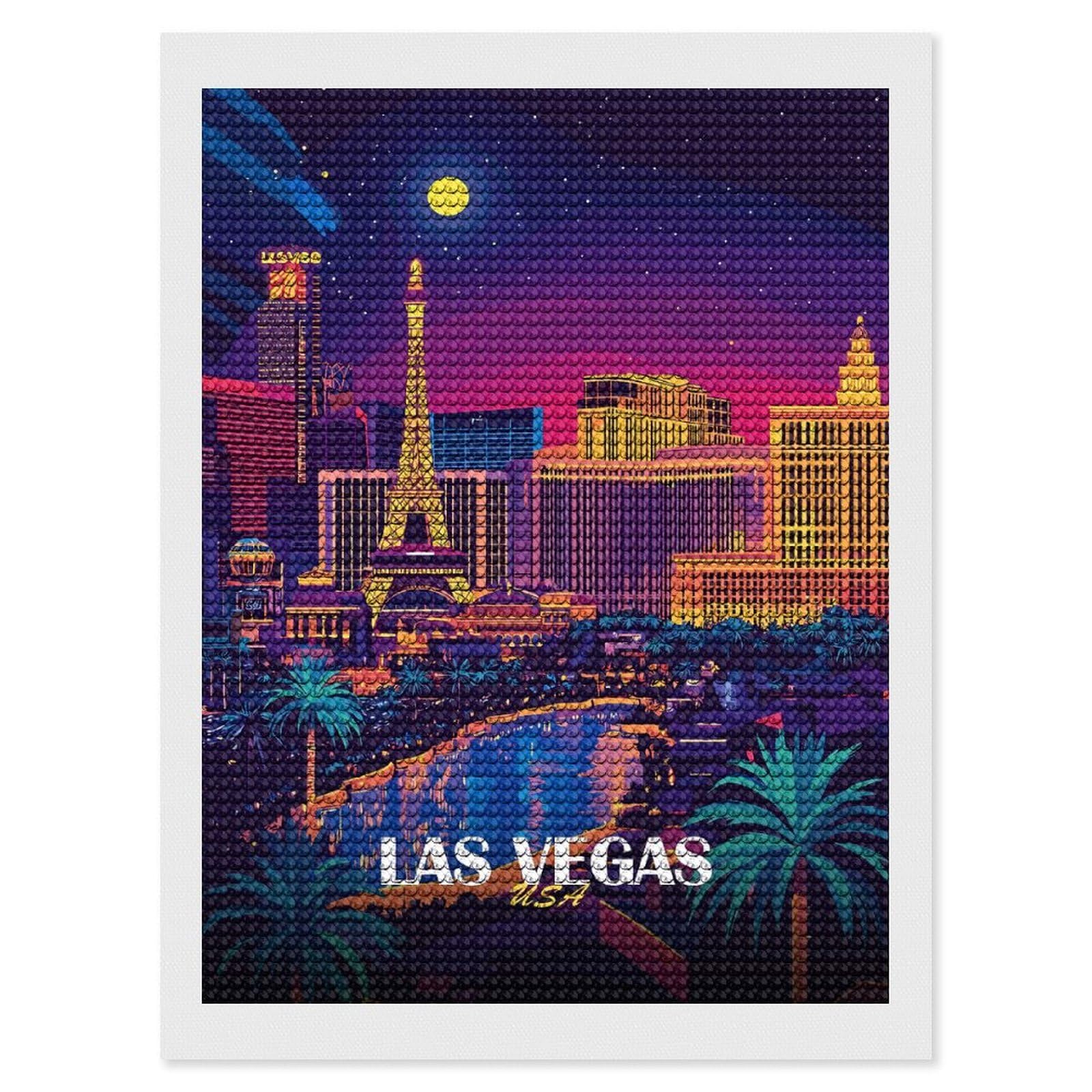 Junmoney Las Vegas Skyline at Night Diamond Art Kit 12"x16", Vintage Style Decor, Stress Relief Craft, Decor Project, Relaxing DIY, Creative Hobby