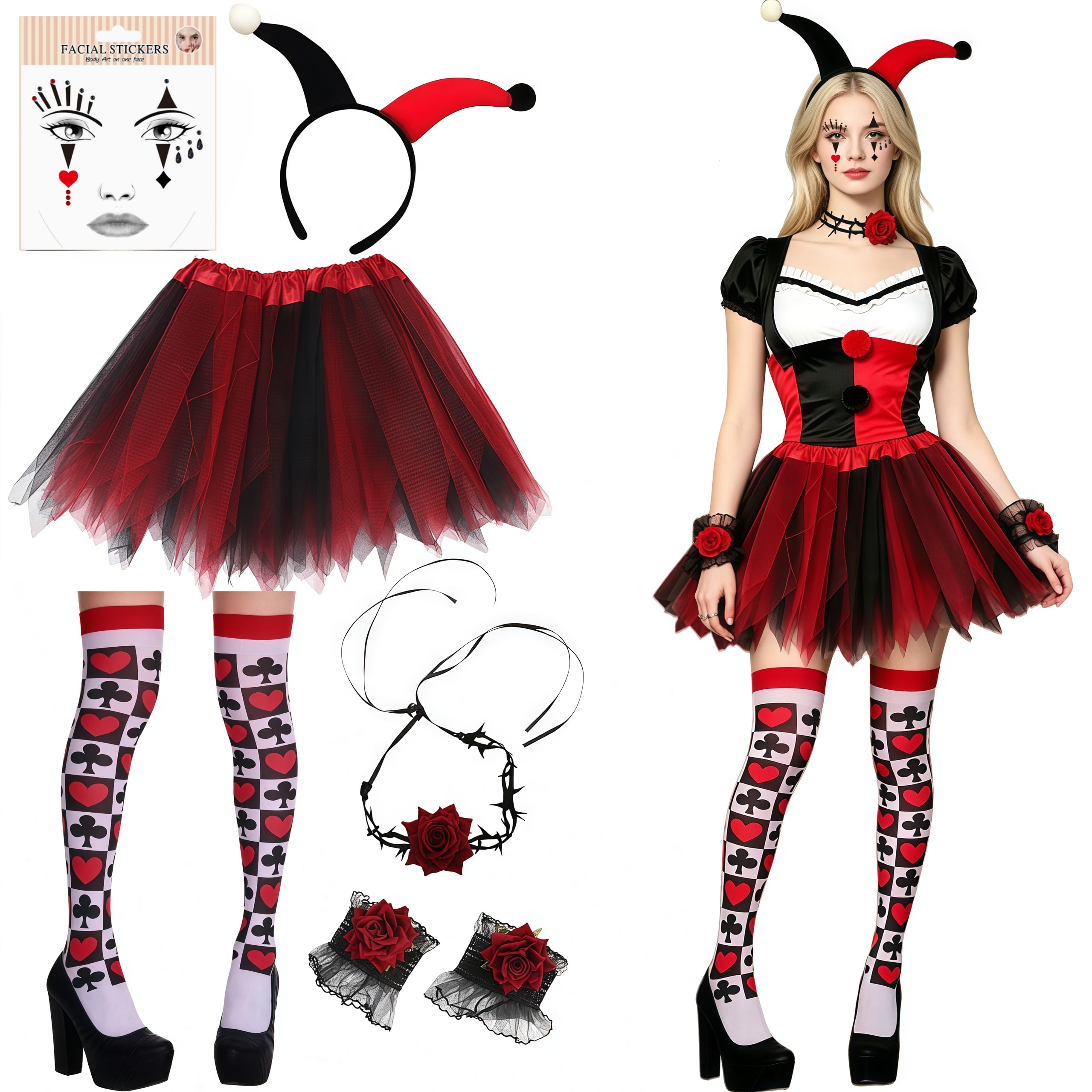 Boyigog Halloween Clown Costume Women Clown Tutu Skirt Outfit with Tutu Dress Headband Face Gems Socks Gloves, Black Red Clowns Costume Women for Halloween Carnival Cosplay Party (Black-Red, 6Pcs)