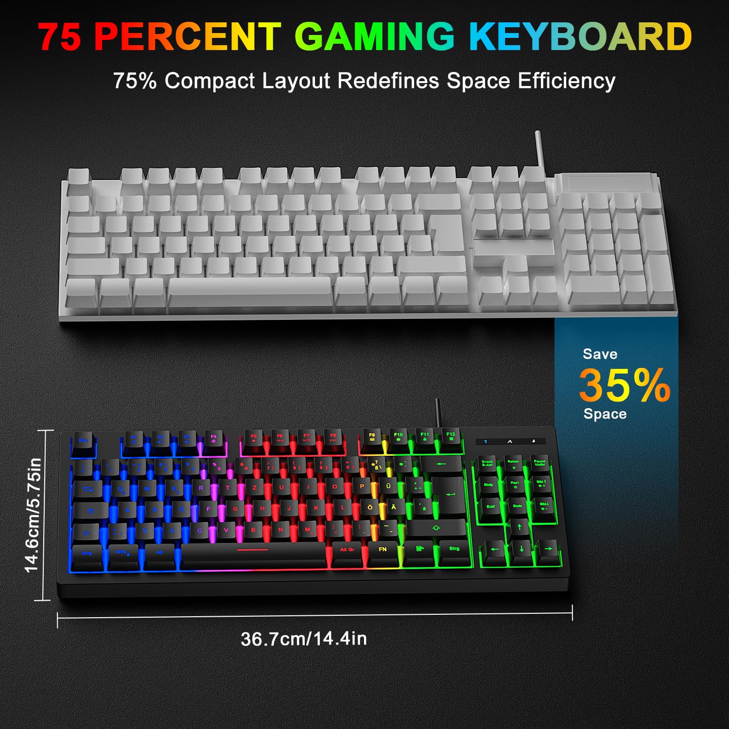 Tastatur und Maus Set, QWERTZ DE Layout 75% TKL Tastatur, RGB Beleuchtete Tastatur, 4 Farben Ergonomische Gaming Maus, Kabelgebundene Gaming Tastatur Maus mit Mauspad für PC, Mac