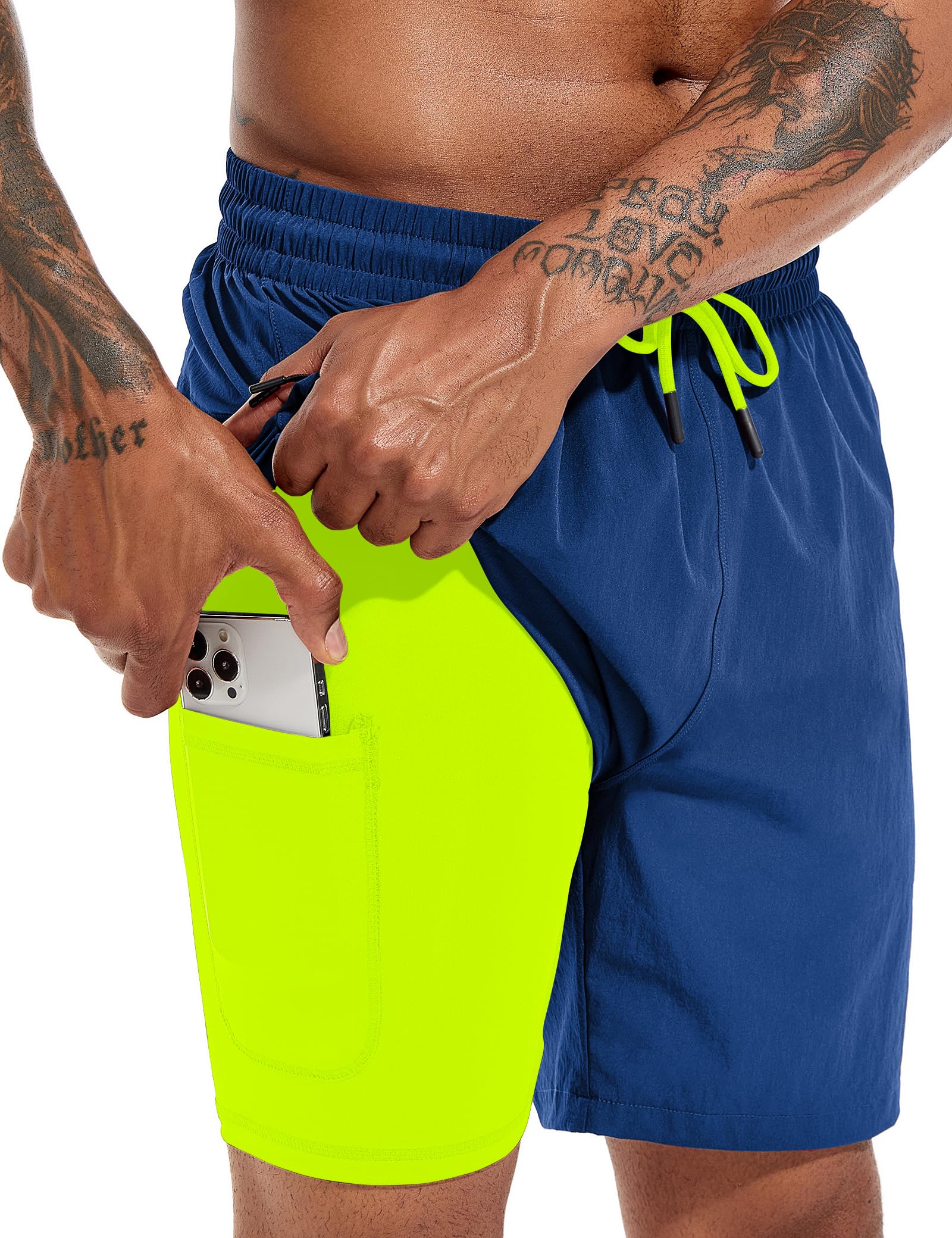 Atforna Badehose Herren Lang 2 in 1 Badeshorts mit Kompression Schnelltrocknend Atmungsaktiv Swim Shorts mit Reißverschlusstasche Verstellbar Tunnelzug