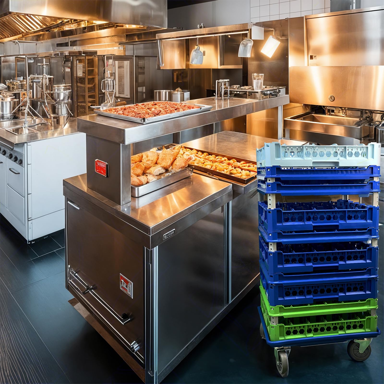 Sicignano | Carrello 4 Ruote Porta Cestelli per Lavastoviglie Industriale, 50x50 cm, con Vasca Salva-Goccia e Freno, Portata 140 kg, Polipropilene alimentare, Made in Italy