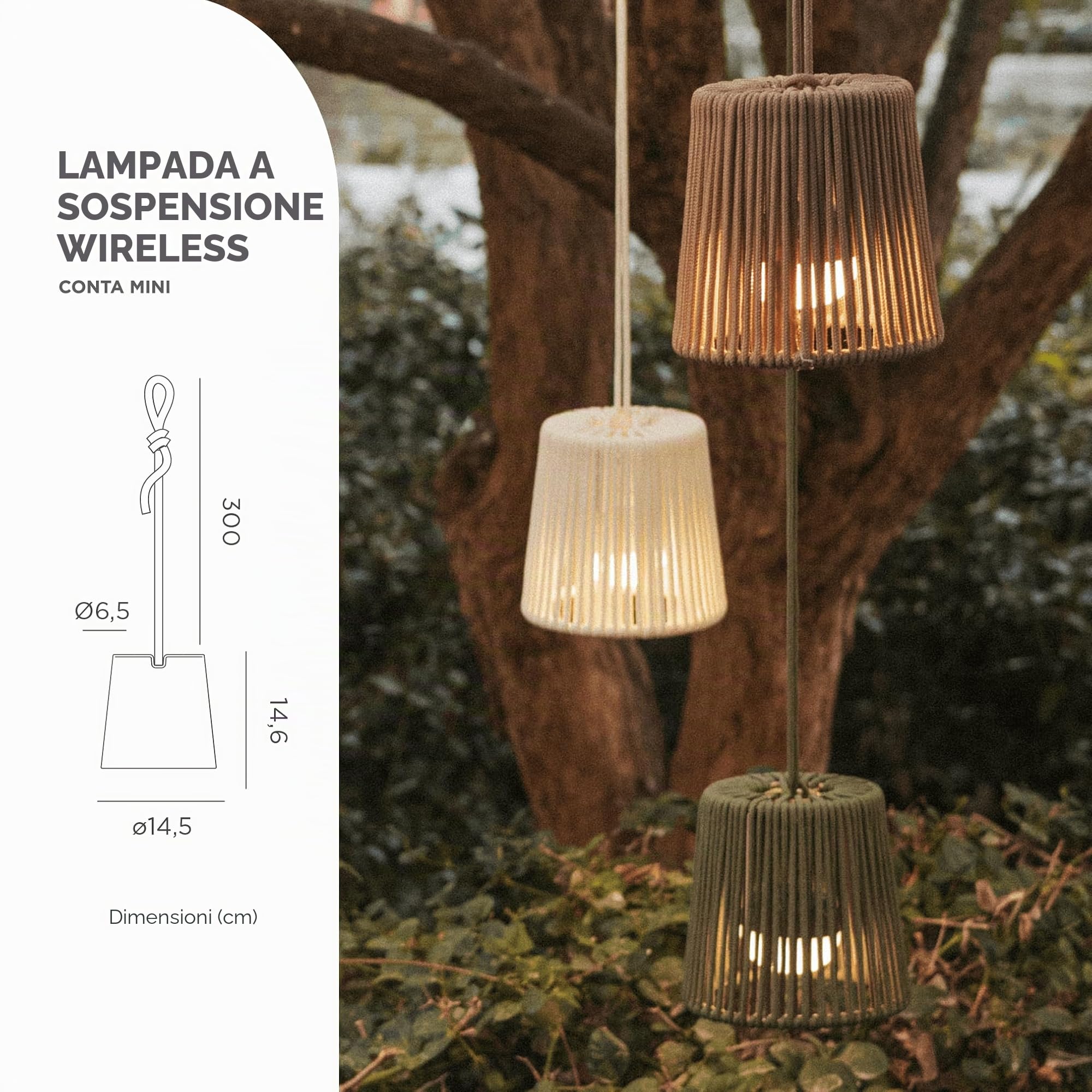 newgarden - CONTA MINI HANG Lampada a sospensione portatile LED decorativa con telecomando e batteria ricaricabile tramite USB. Decorazione per interni ed esterni