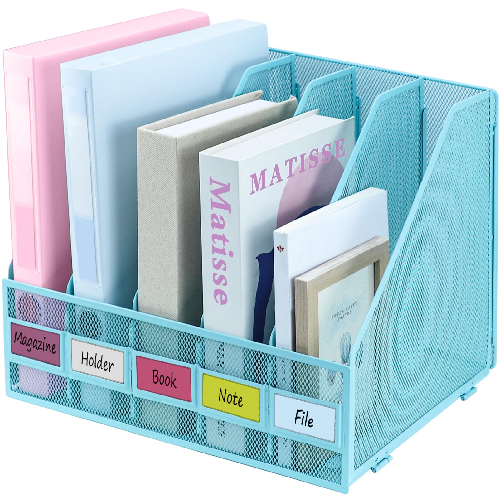 ideallife Desk Organizers, Metal Magazine File Holder with 5 Vertical Compartments Rack Binder File Organizer for Office Supplies, Home Workspace - Blue — image 1