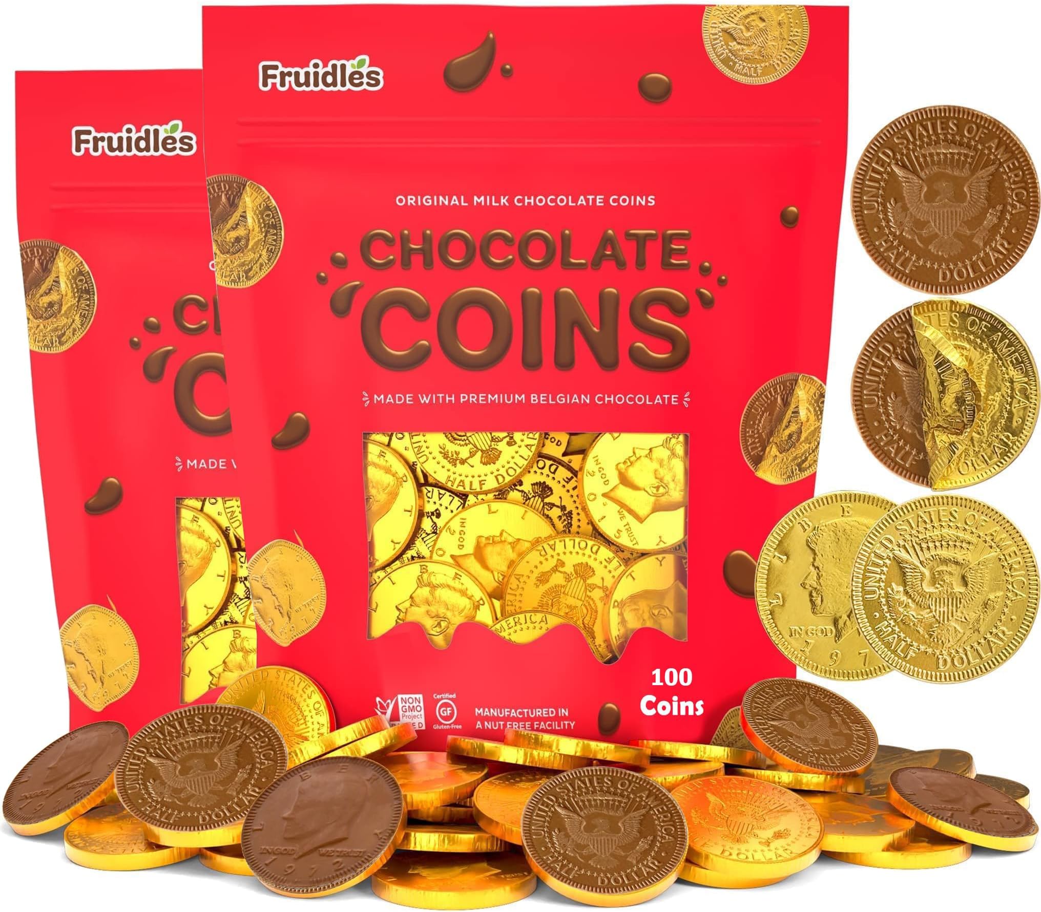 200 Milk Chocolate Coins, Gold Half Dollar Coins, Made with Premium Belgian Chocolate, Hanukkah Gelt Nut Free, Non-GMO, Kosher Dairy