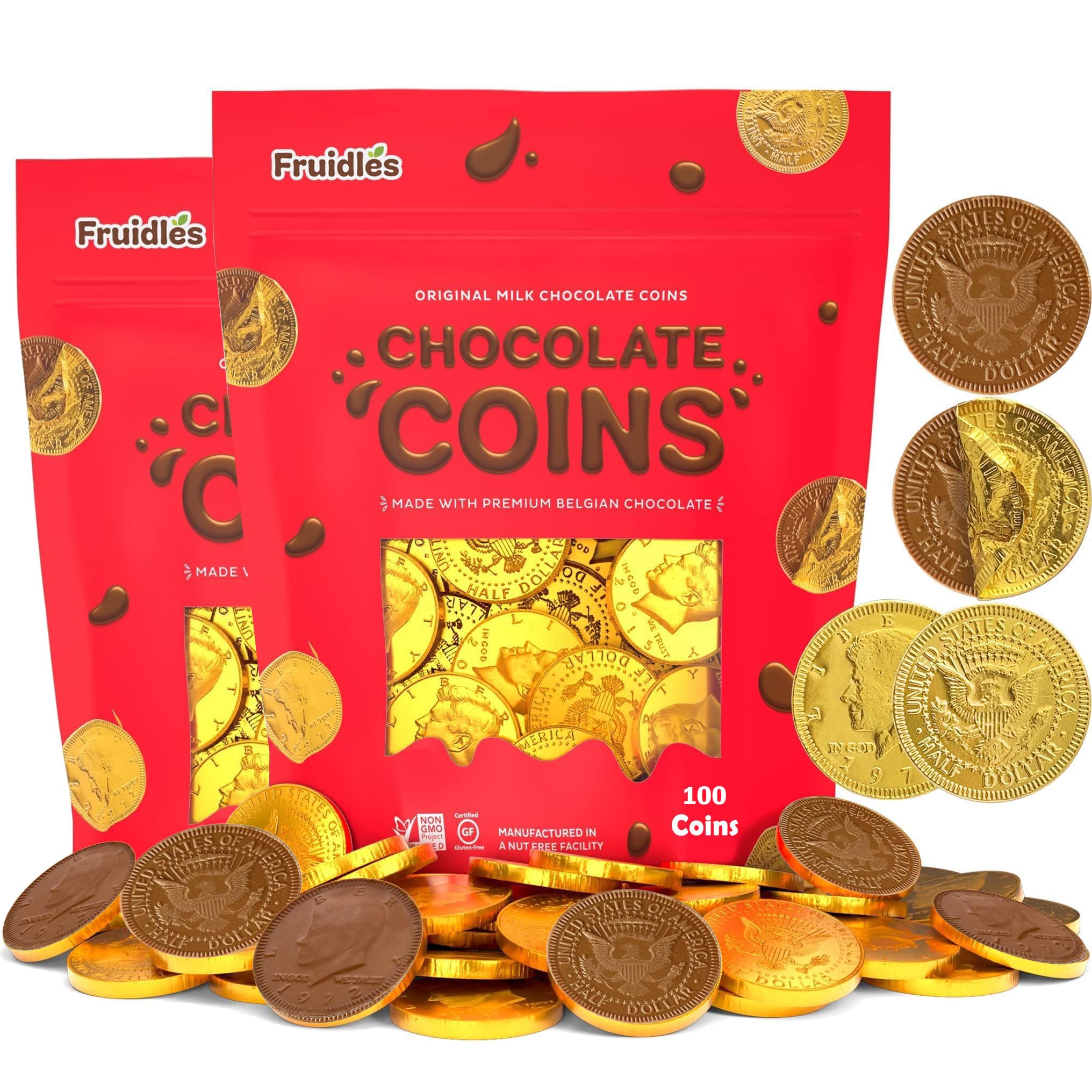 200 Milk Chocolate Coins, Gold Half Dollar Coins, Made with Premium Belgian Chocolate, Hanukkah Gelt Nut Free, Non-GMO, Kosher Dairy