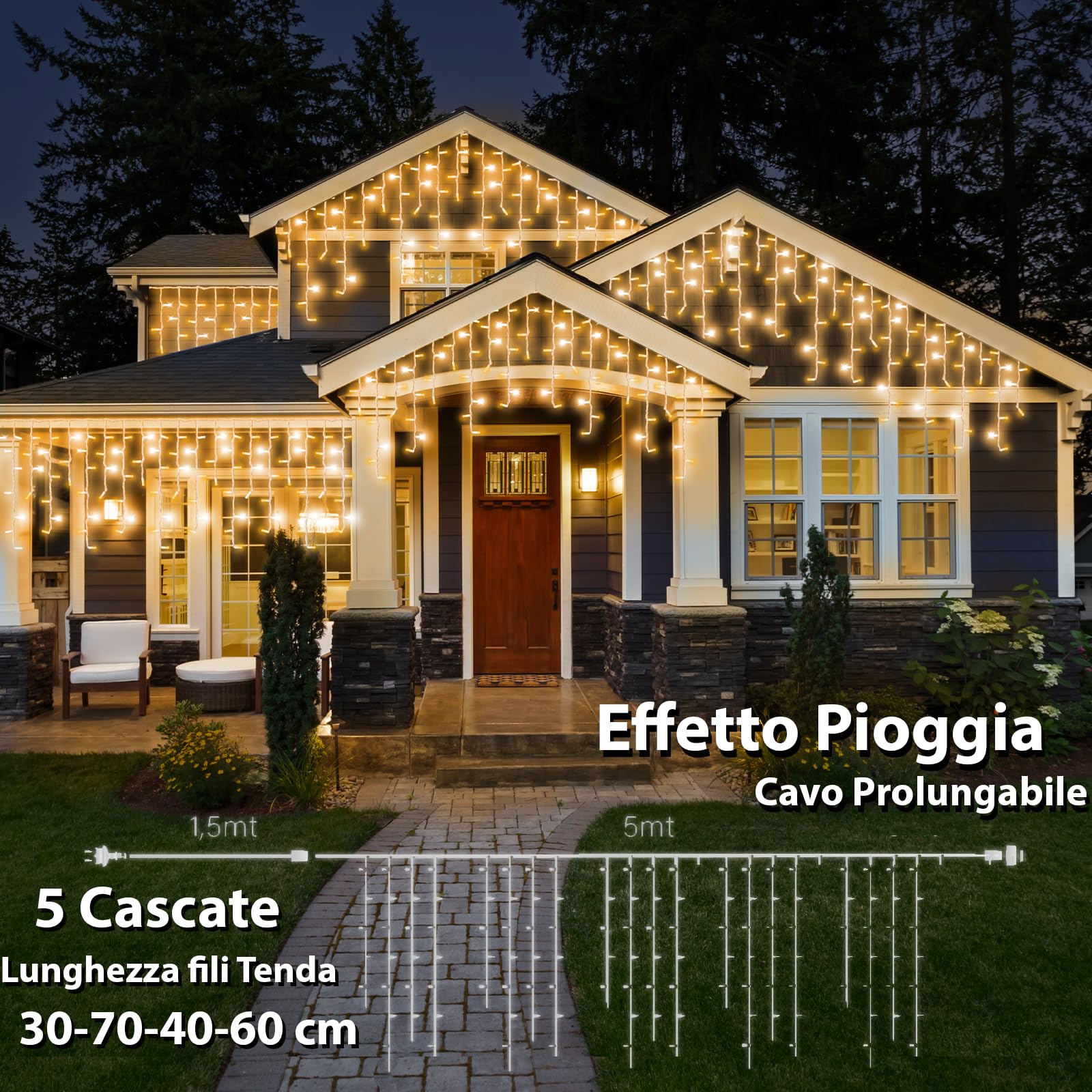 GINMA Tenda Luminosa LED Effetto Pioggia - Luci di Natale Esterno Professionali - Certificata IP44 - Basso Consumo e Impermeabili - Prolungabile (Bianco Caldo, 5 metri (200 LED))