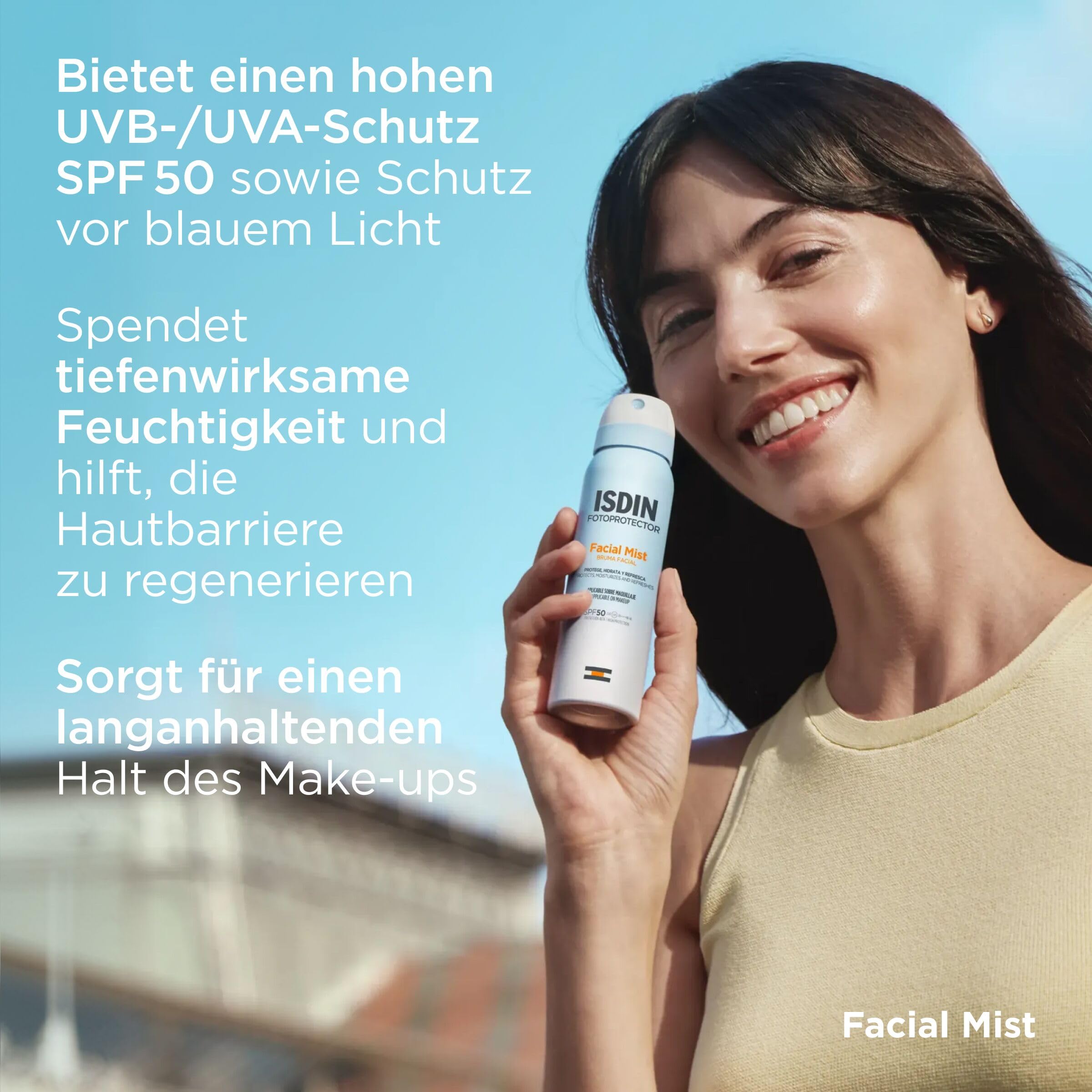 ISDIN Facial Mist SPF 50 (100 ml) | Ultradünner und unsichtbarer Sonnennebel für Gesicht | schützt, befeuchtet und fixiert das Make-up | Strahlender Haut-Effekt | wasserabweisend | geeignet für
