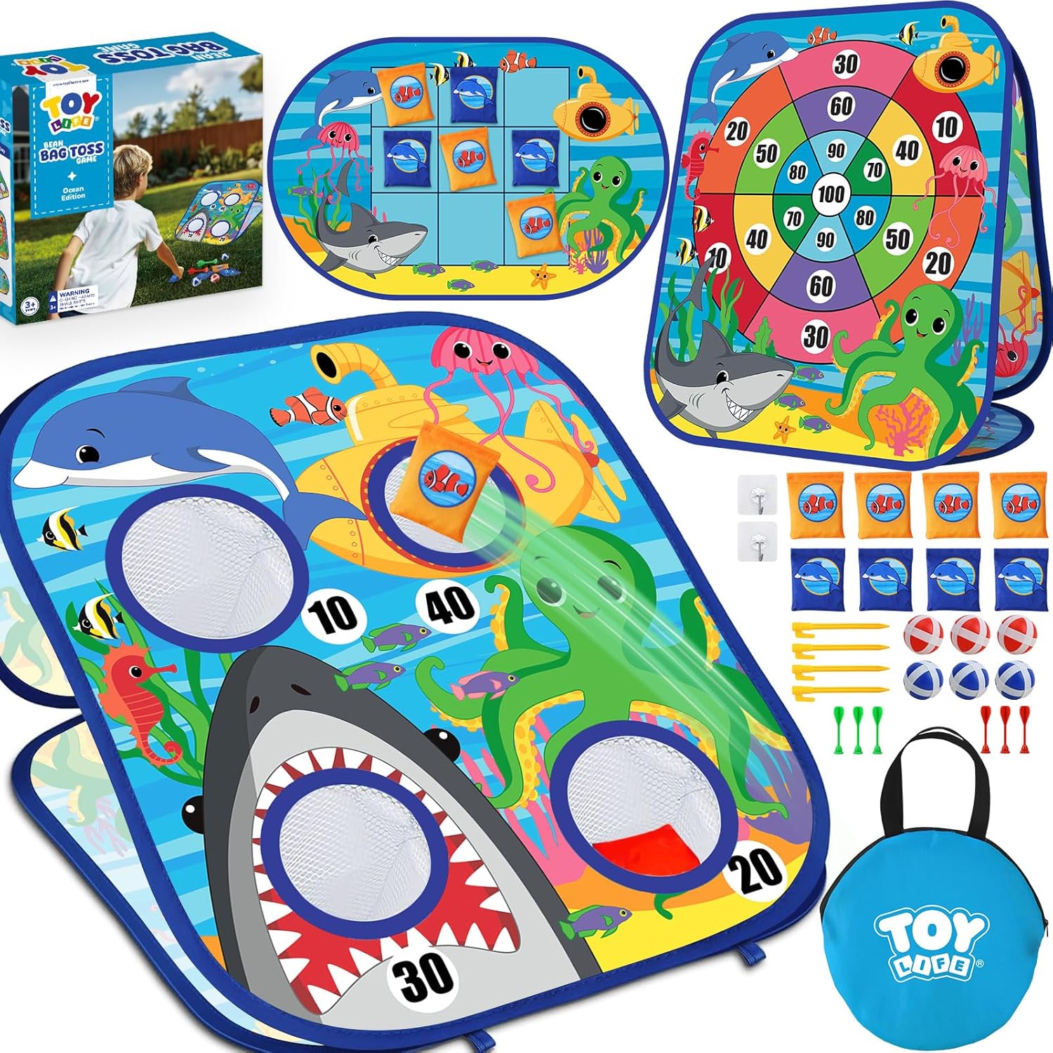TOY Life Toddler Outdoor Toys for Kids Ages 4-8, Bean Bag Toss, Outside Yard Games for Kids Cornhole, Indoor Lawn Backyard Games Birthday Family Party Toddler Game, Gift for Boys 3 4 5 6 7 Blue Shark bean bag game for kids