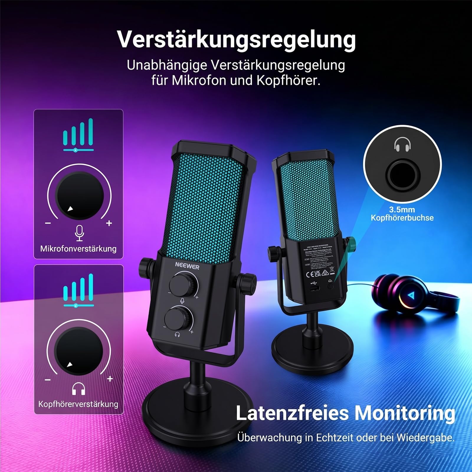 NEEWER UM01 USB Mikrofon mit AI Rauschunterdrückung, Plug & Play Kondensatormikrofon mit Nierencharakteristik und RGB, Stummschaltung/Musik Sync/App Steuerung für Android Windows PC Mac PS4/5