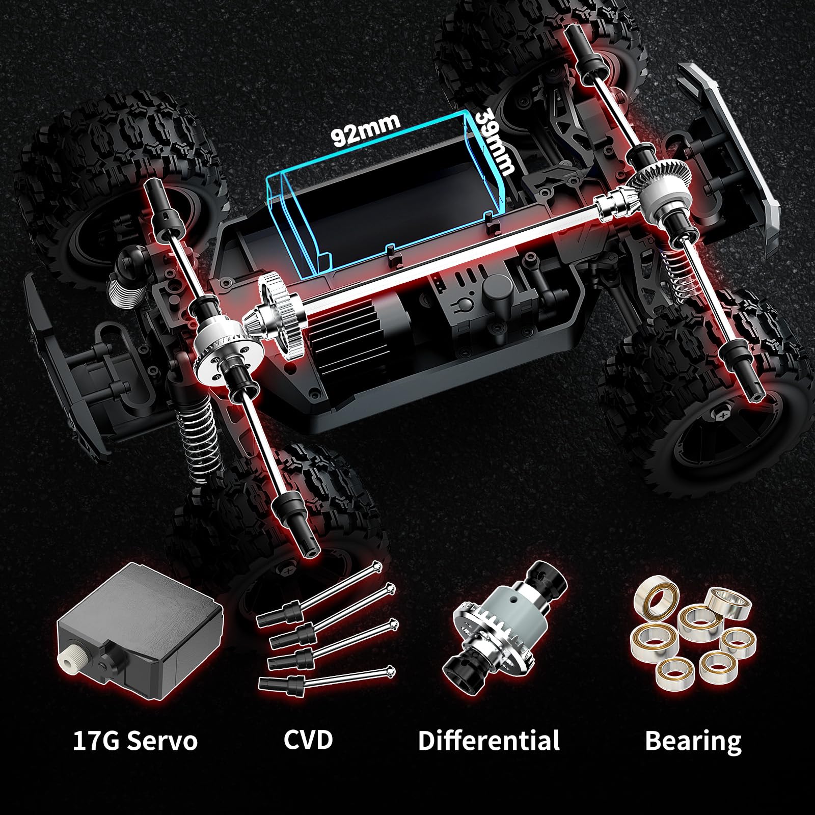 1:18 Ferngesteuertes Auto 4WD Offroad RC Auto 36 km/h schnell, RC mit Ölstoßdämpfern 2.4GHz,2× 7.4V1500mAh wiederaufladbaren,Zwei Karosserien,Outdoor RC Car Geschenk für RCHobby