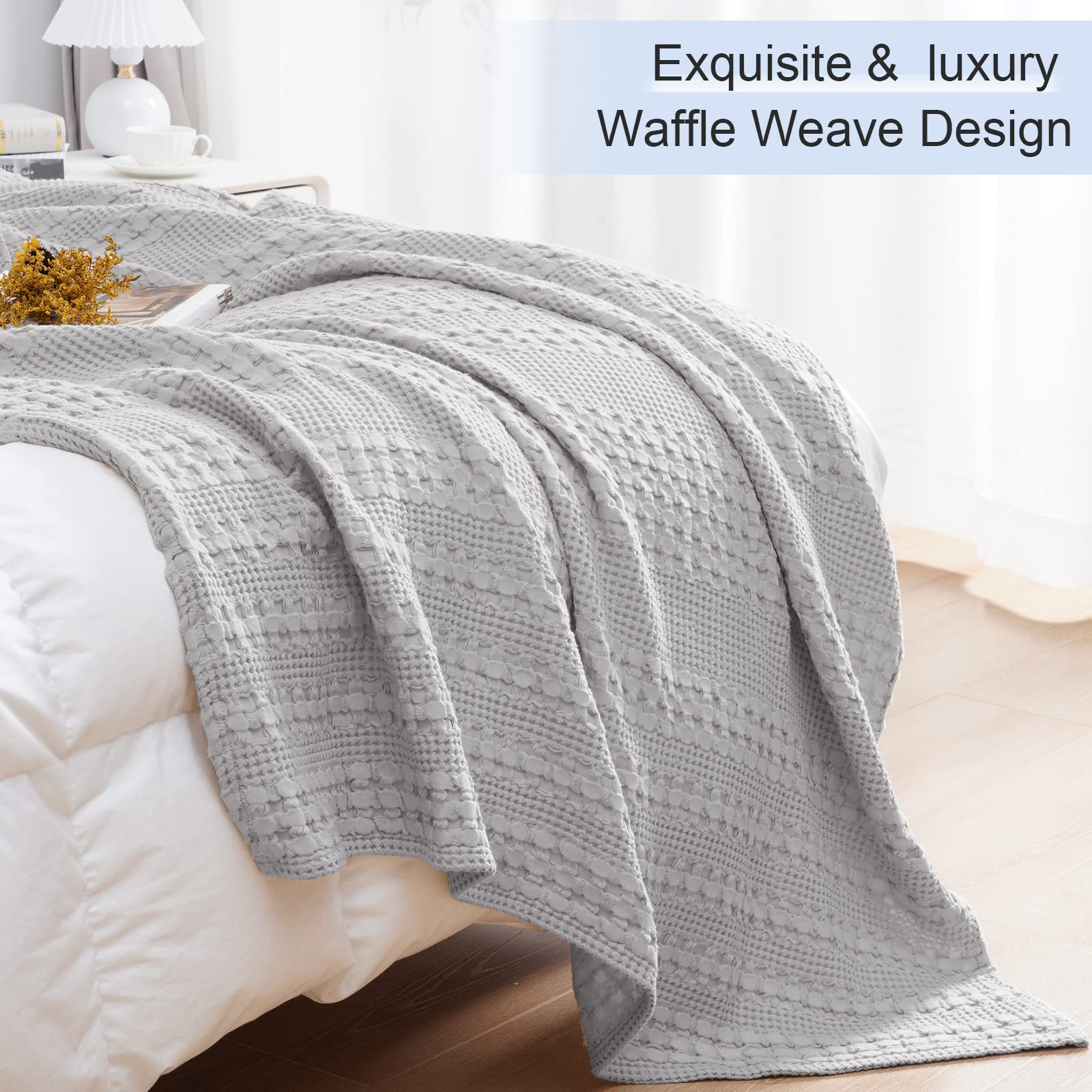 PHF 100% Cotton Waffle Weave Throw Blanket - Washed Soft Lightweight Blanket for All Season - Breathable and Skin-Friendly Blanket for Couch Bed Sofa 50"x60"- Light Grey