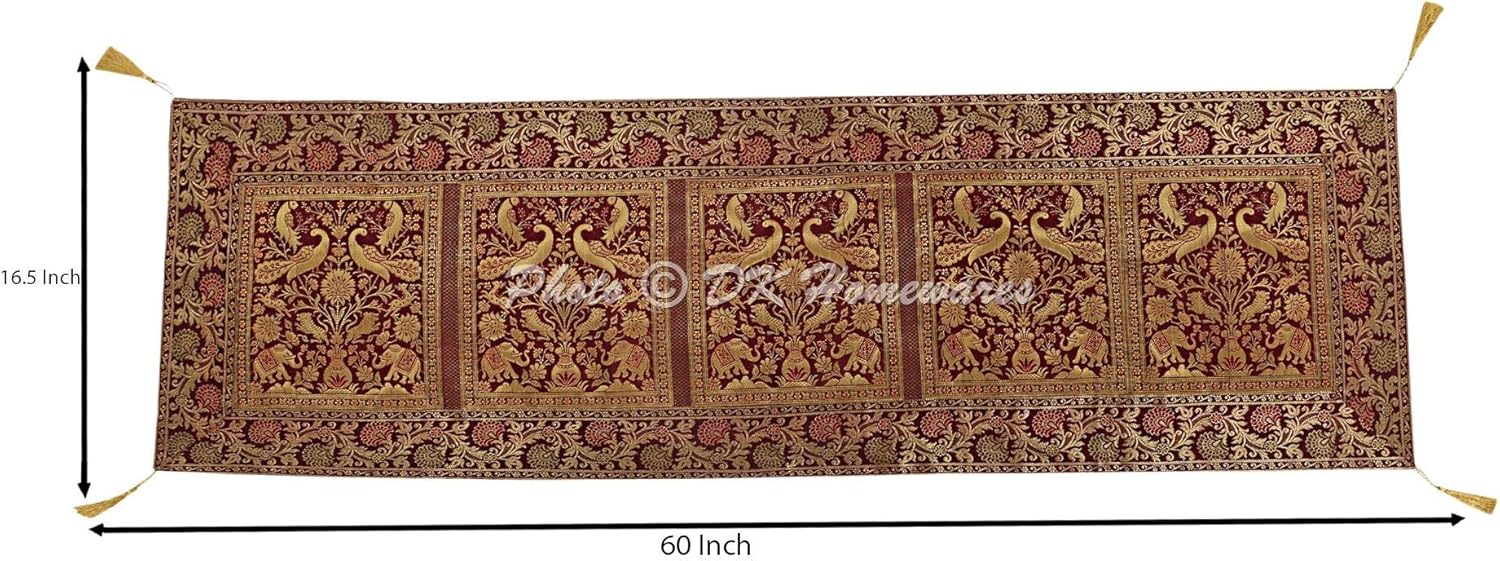 Ethnic Wedding Elephant Tassel Work Table Runner Maroon Gold Brocade Satin 150 X 40 Cm Kitchen Decoration 5 Ft Centerpiece (60 X 16 Inches)