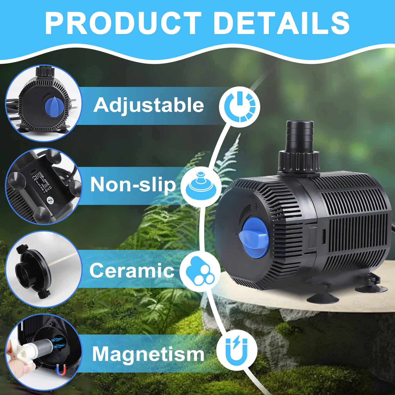 EXLECO Bomba de Agua Sumergible 45W con Filtro, 2700L/H, Cable 10M, 2 Boquillas para Estanque y Fuente de Jardín