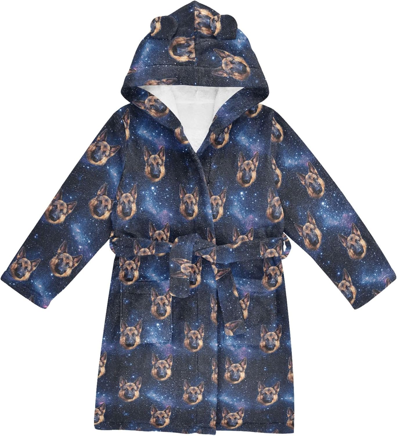 German Shepherd Galaxy Dog Bathrobe Hooded PJ Robe Plush Fleece Robe Pajama Sleepwear 2-12 Years