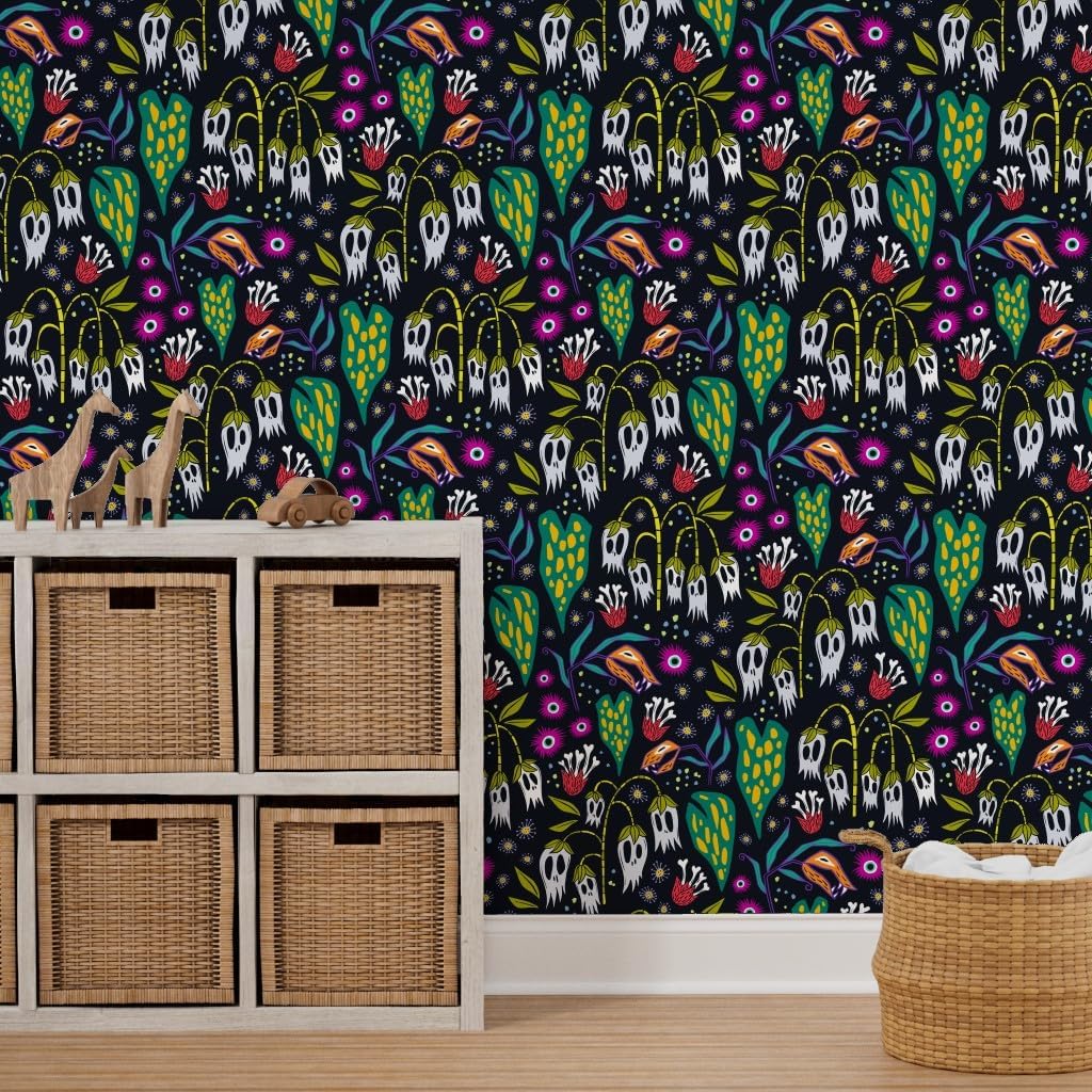 Spoonflower Removable Wallpaper 3ft x 2ft - Garden Bones Fantasy Halloween Spooky Gothic Floral Custom Pre-Pasted Wallpaper