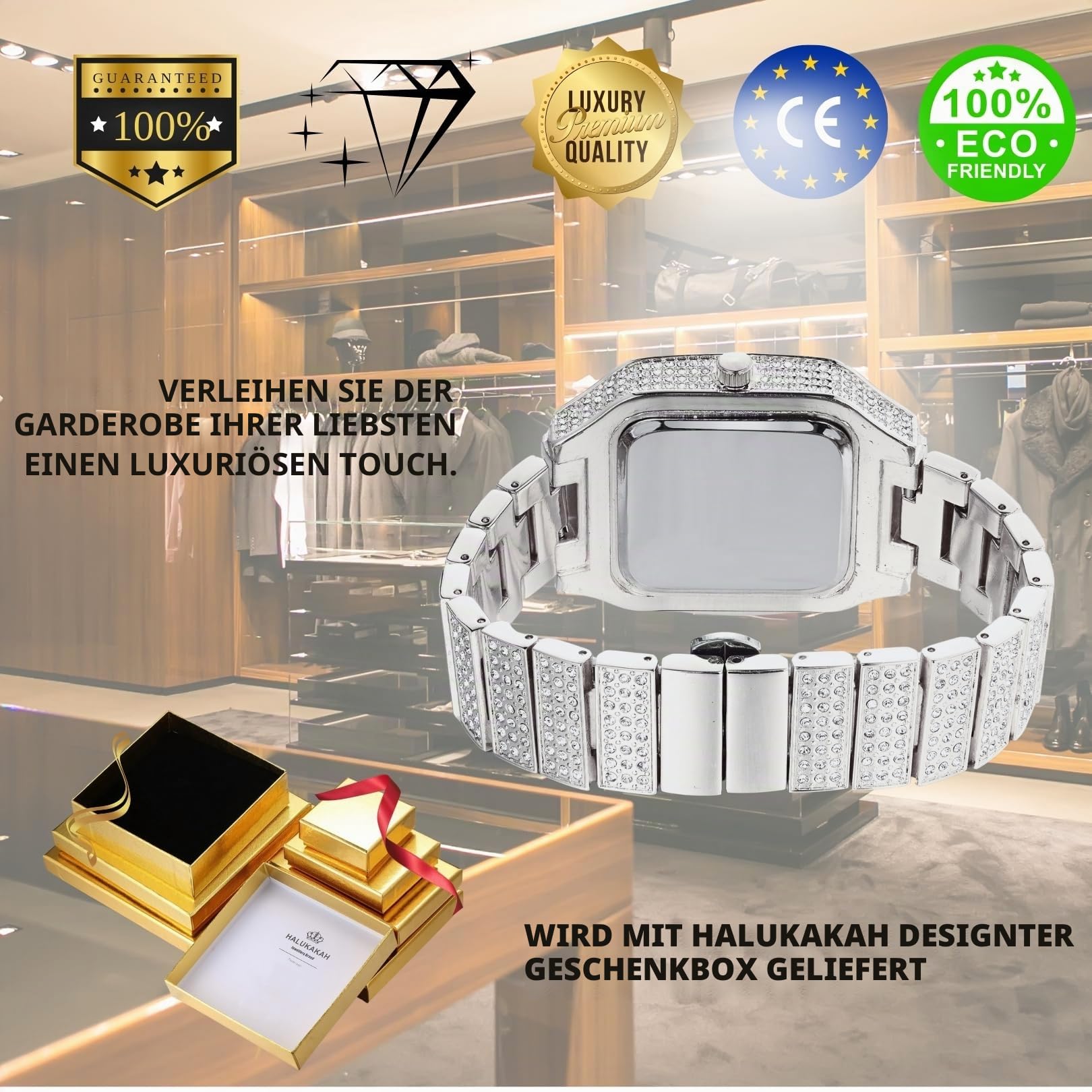 Halukakah Herrenuhr – Moissanit Diamant Iced Out – Luxus 18K Echtgold/Platin-Weißgold Plattiert, 40MM Eckiges Zifferblatt mit Römischen Zahlen, Massiv Gefertigt, 20,5cm Armband – Kommt mit Geschenkbox