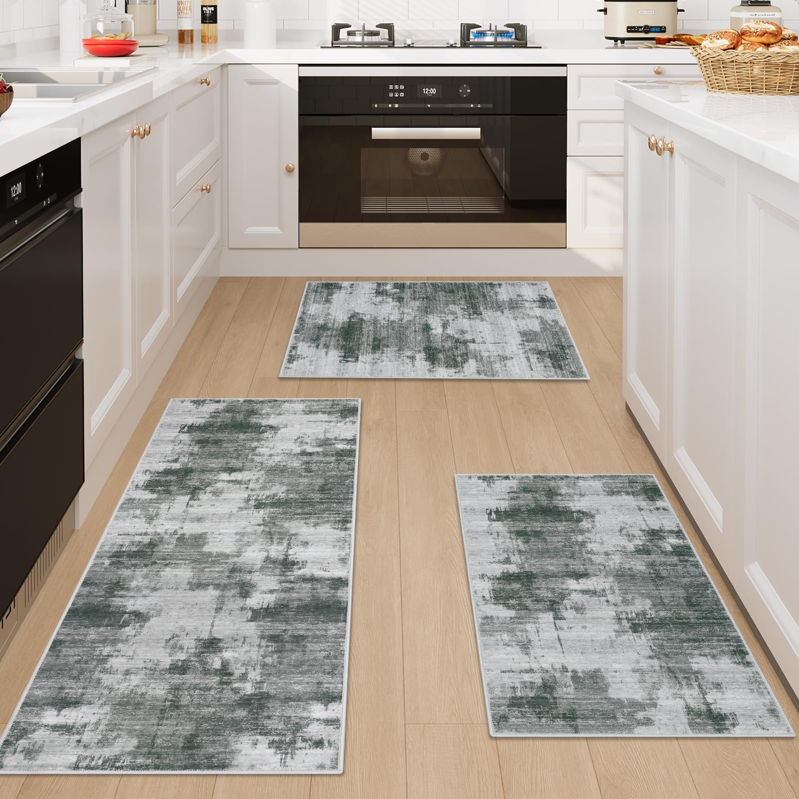 Famibay Lot de 3 Tapis Cuisine Devant Evier Tapis de Cuisine Antidérapant et Lavable pour Couloir Salle à Manger Entrée et Porte Gris Foncé 50x120cm + 50x80cm + 50x80cm