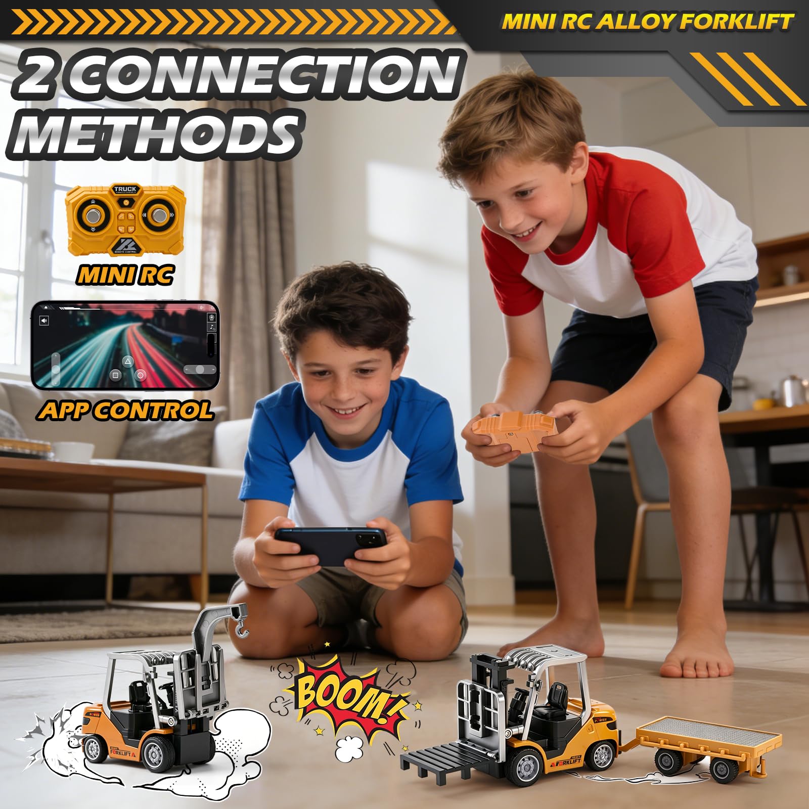 Mini Carrello Elevatore Giocattolo in Metallo con Rimorchio, 1:64 Carrello Elevatore Telecomandato con App e Telecomando 2,4 GHz, 3 Velocità, Forche, Gancio e Pallet, Veicolo da Cantiere RC