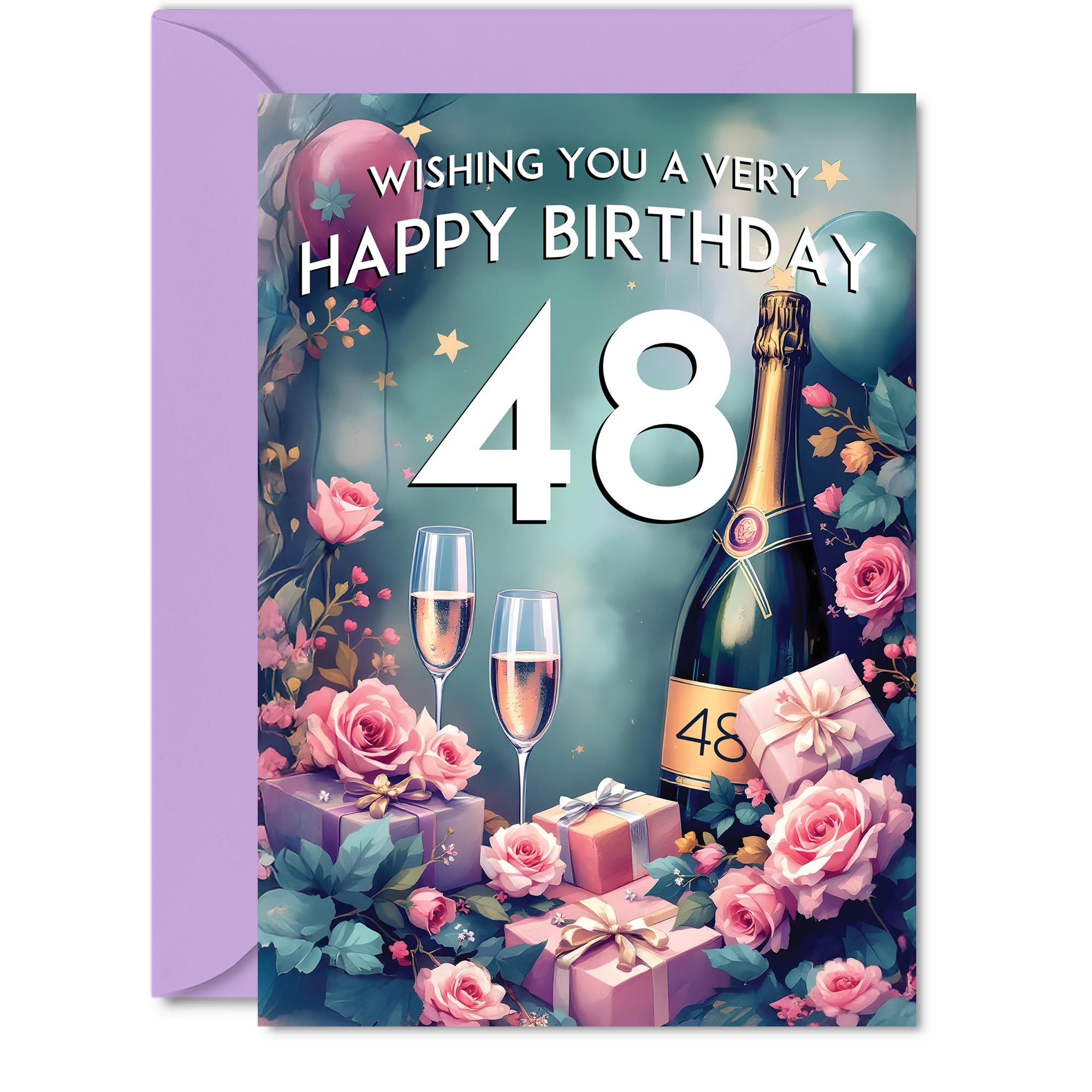 48th Birthday Card, Pink Presents Champagne Bottle