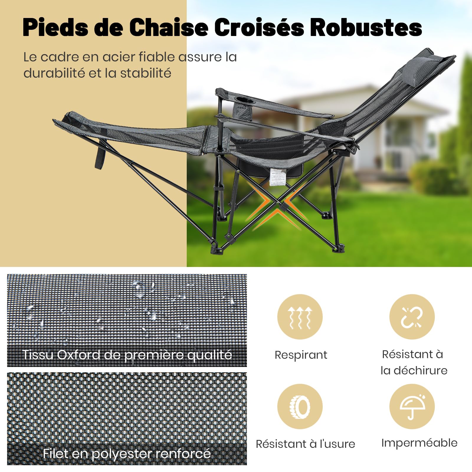 GIANTEX Chaise Pliante Camping 2 en 1, Fauteuil de Camping avec Repose-Pieds Amovible, Dossier Réglable à 4 Positions, Porte-Gobelet & Poche Latérale, Sac de Transport, pour Randonnée, Pêche, Gris