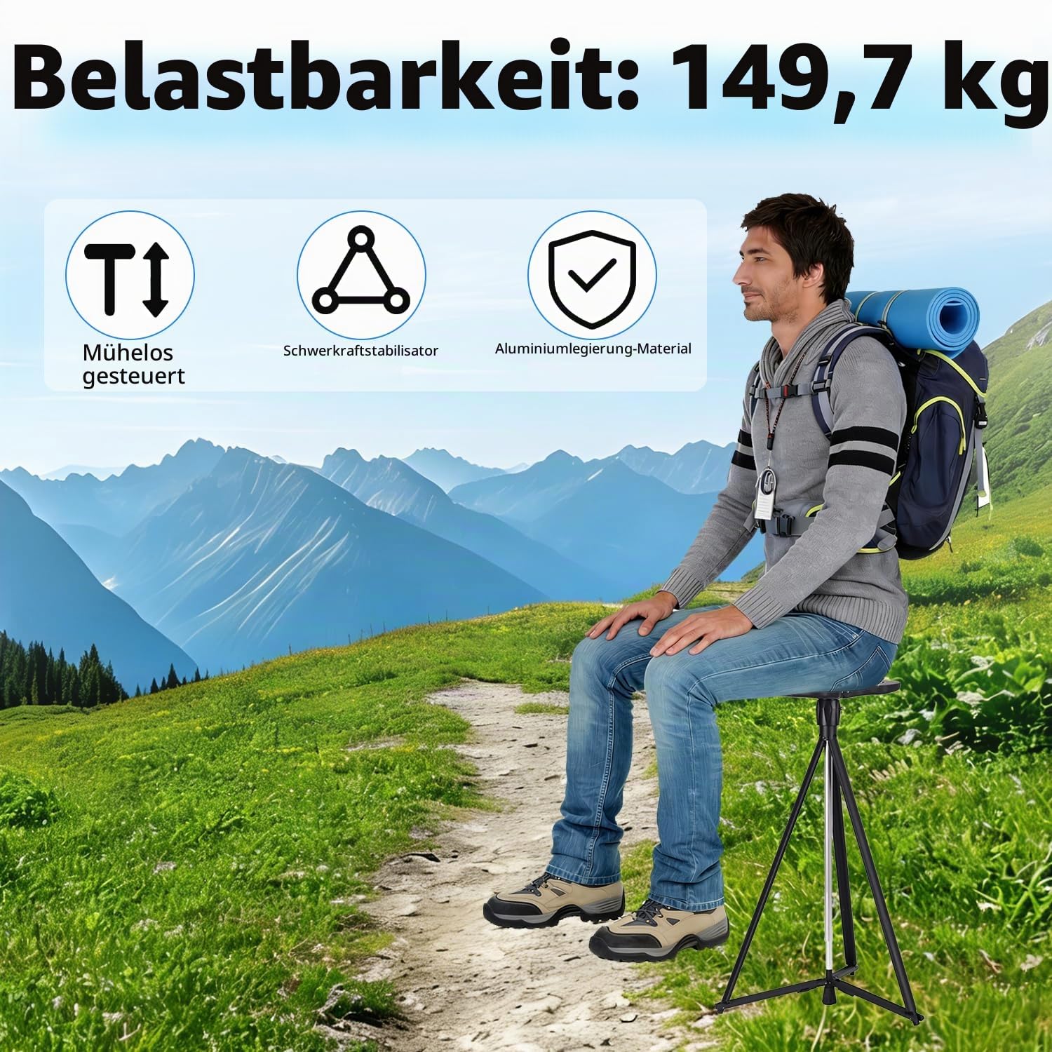Höhenverstellbarer Gehstock mit Sitz, Tragbarer Aluminium Gehstock Klappbar mit Rucksack-Aufbewahrungstasche,Dreieckiger Matte und Einbeiniger Matte,Geeignet für Erwachsene & Senioren Outdoor Reisen