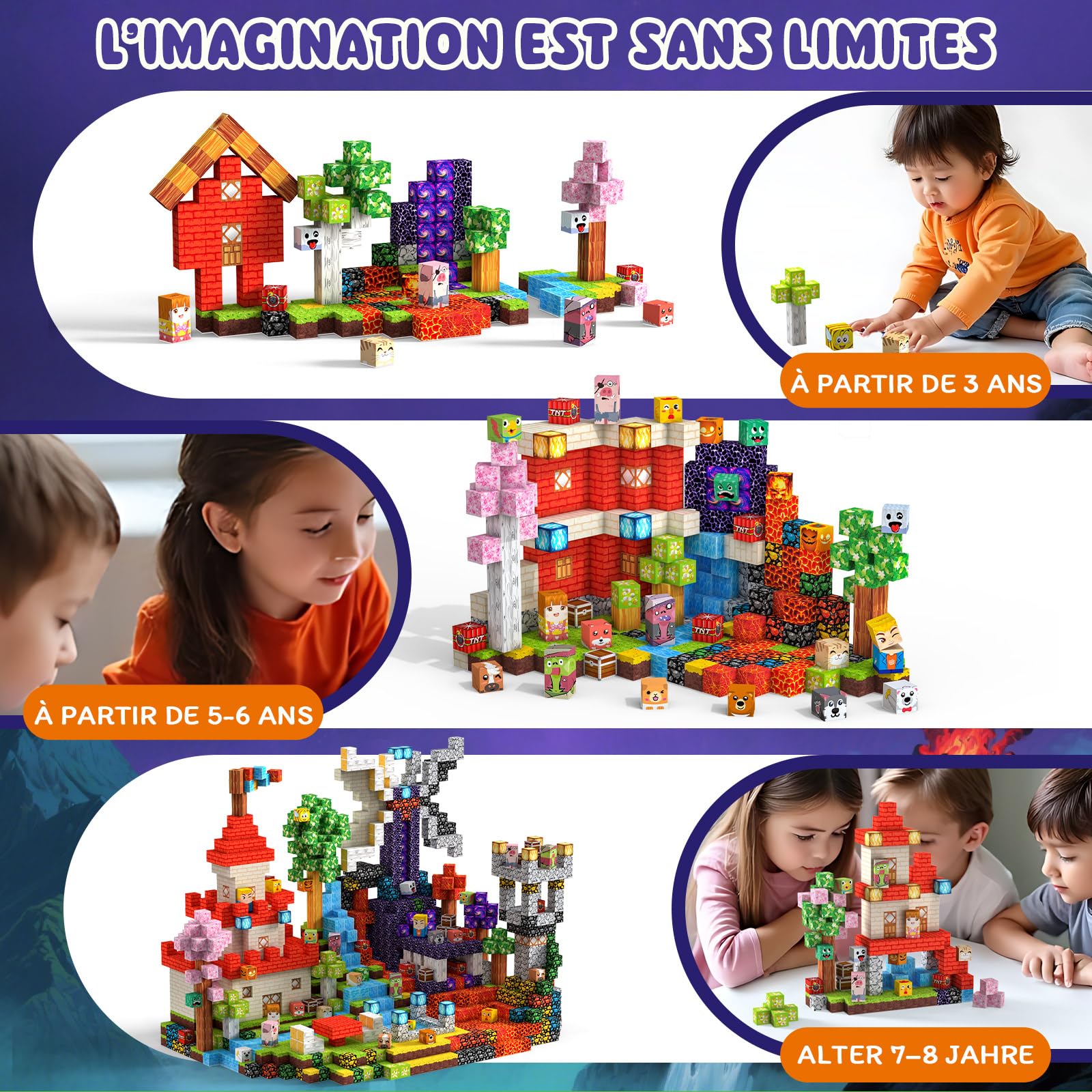 Construction Magnetique Enfant 330 pièces 2CM Magnetic Blocks 3+ Jeux Aimants, Bloc de Cube Magnétique de pour Garçon et Fille, Jouet Créatif Montessori pour Enfants 3 4 5 6 7 8 9 10 11 12 Ans Jeu
