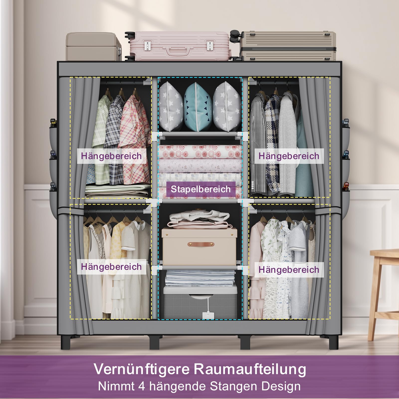 LOEFME Kleiderschrank, Stoffschrank, Faltbarer Kleiderschrank mit Kleiderstange, Stoffkleiderschrank mit 18 Seitentaschen, 45 x 130 x 172 cm, Grau