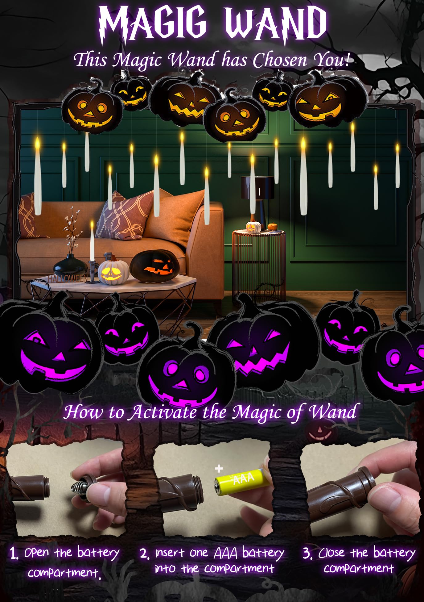 Zwevende led-kaarsen, drijvende kaarsen met toverstaf, vlamloze kaarsen, Halloween-decoratie, flikkerende hangende vliegende kaarsen voor thuis, kerstdecoratie, kerk, bruiloft, 12 stuks