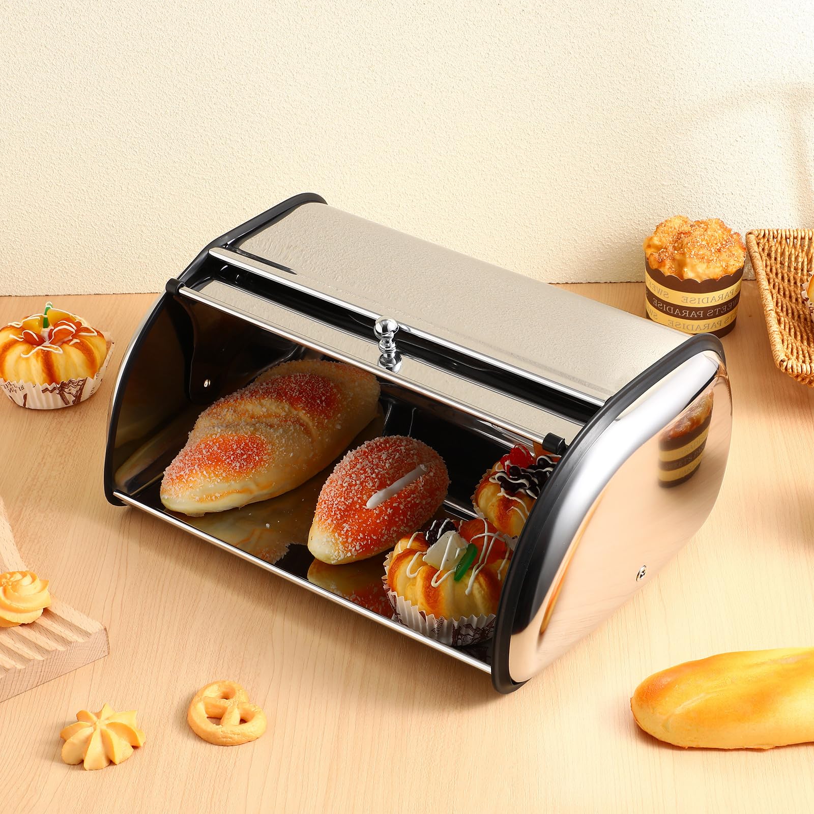 SHINEOFI Caja de Pan de Acero Inoxidable Pequeña Superficie Espejo para Cocina, Organizador de Pan Práctico y Contenedor de Alimentos para Hogar, Cafetería y Panadería
