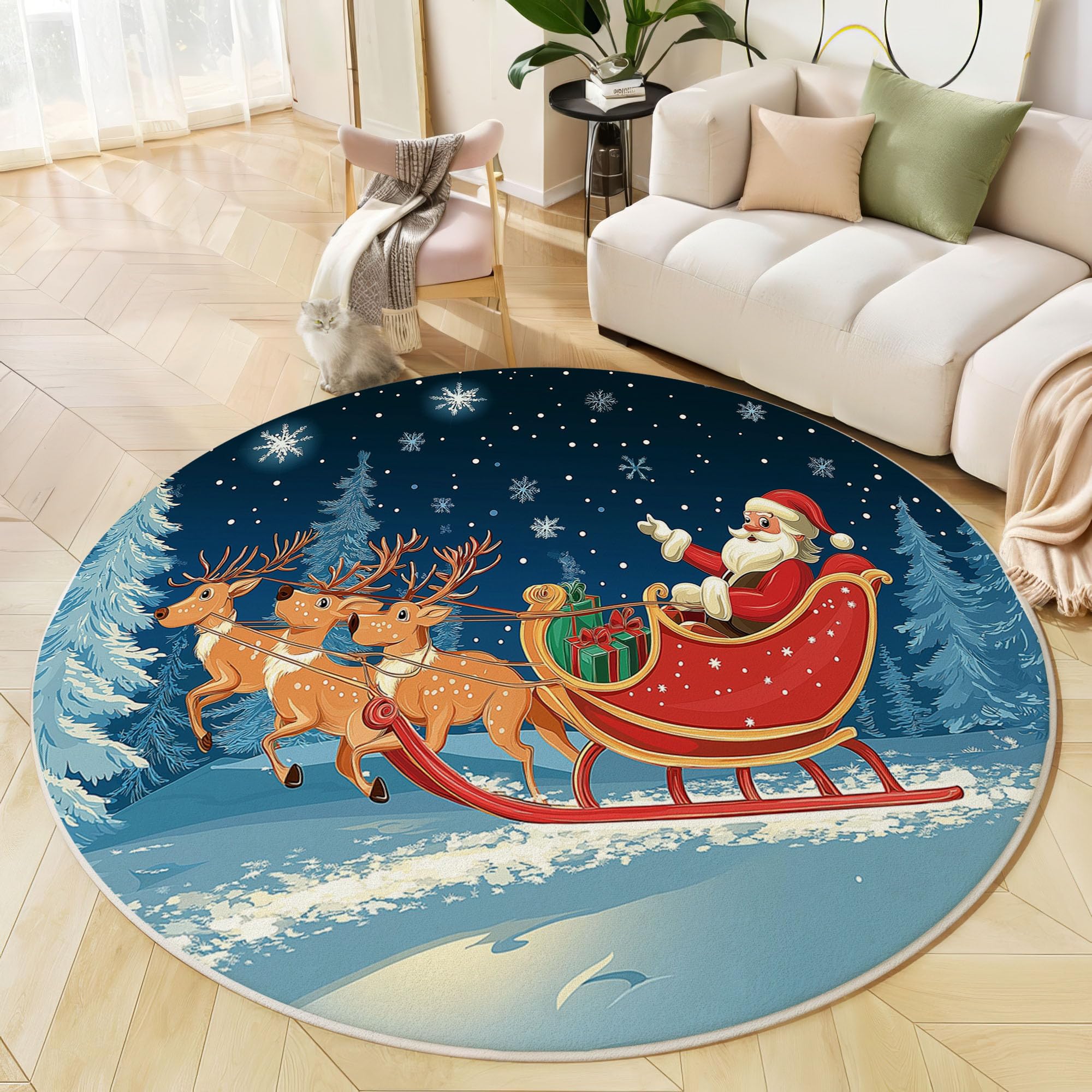 Tapis Renne De Noël - Tapis Salon, Salle À Manger, Chambre Adulte Et Ado, Cuisine, Design Ciel Nocturne d'hiver, Lavable Antidérapant Poil Ras Doux Grande Taille 120 Cm, Indigo