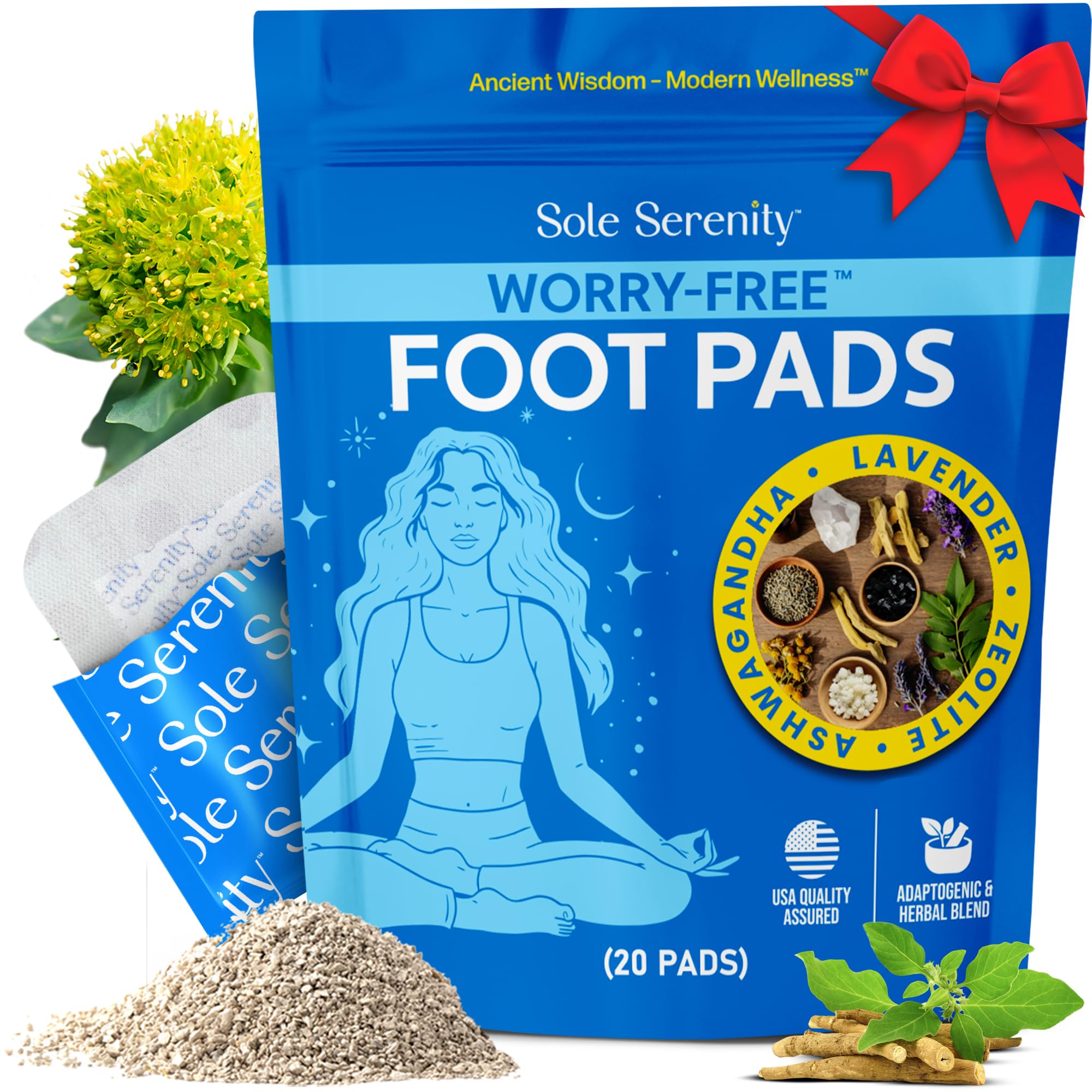Sole Serenity Worry-Free Overnight Foot Pads for Relaxation, Balance & Comfort with Zeolite, Ashwagandha, Magnesium, & Holy Basil - 20 Pack