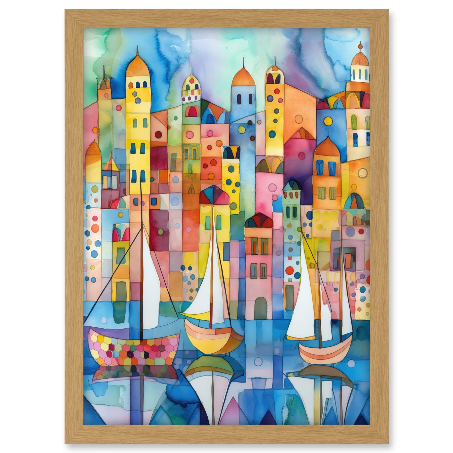Artery8 Modern Marina Colourful Cityscape Pattern Folk Art Watercolour Painting Artwork Framed A3 Wall Art Print