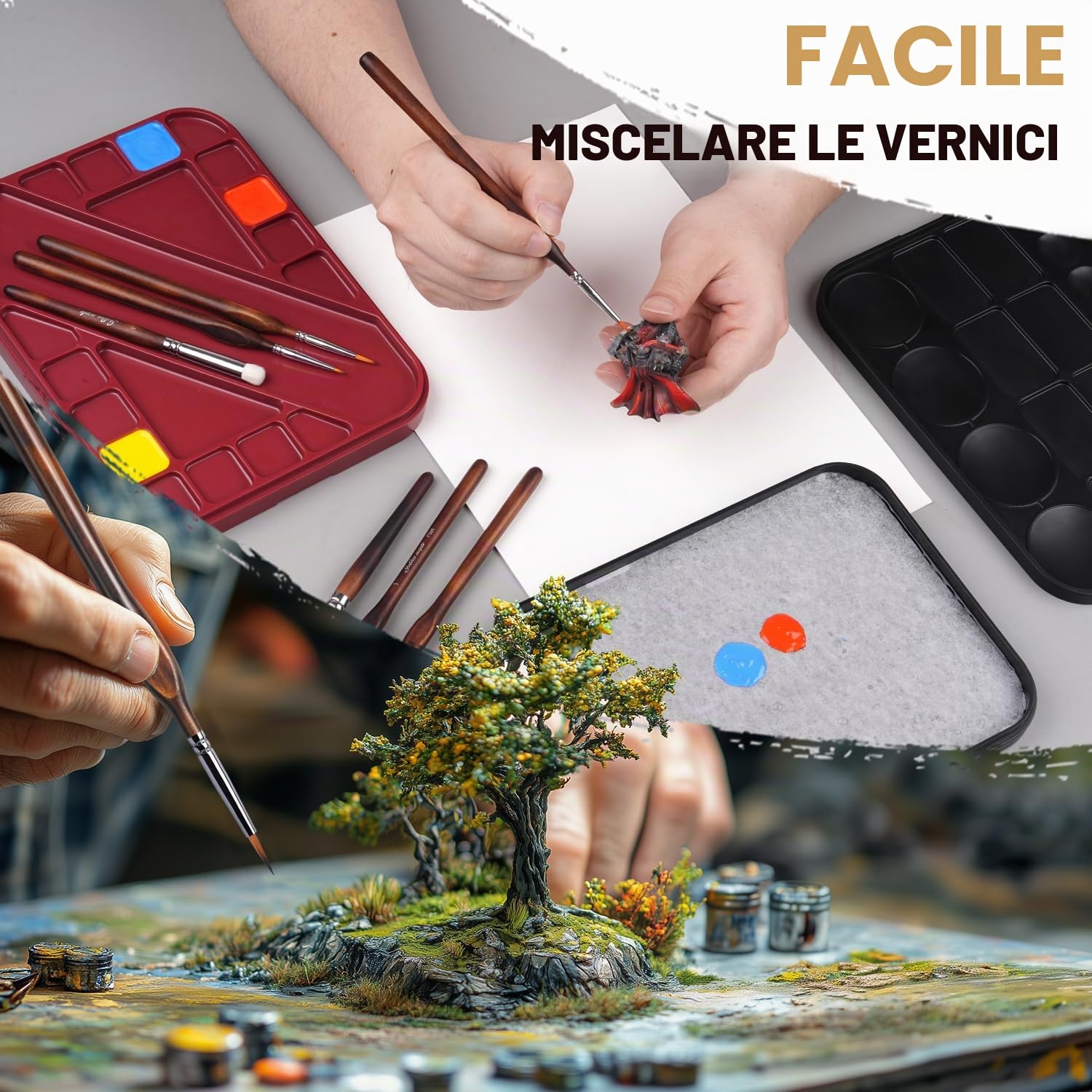 Golden Maple Kit di pittura in miniatura con tavolozza bagnata, 11 pennelli per dettagli, pennello a secco, 100 fogli di carta per pallet bagnati, 4 spugne, porta pennelli per mescolare la vernice