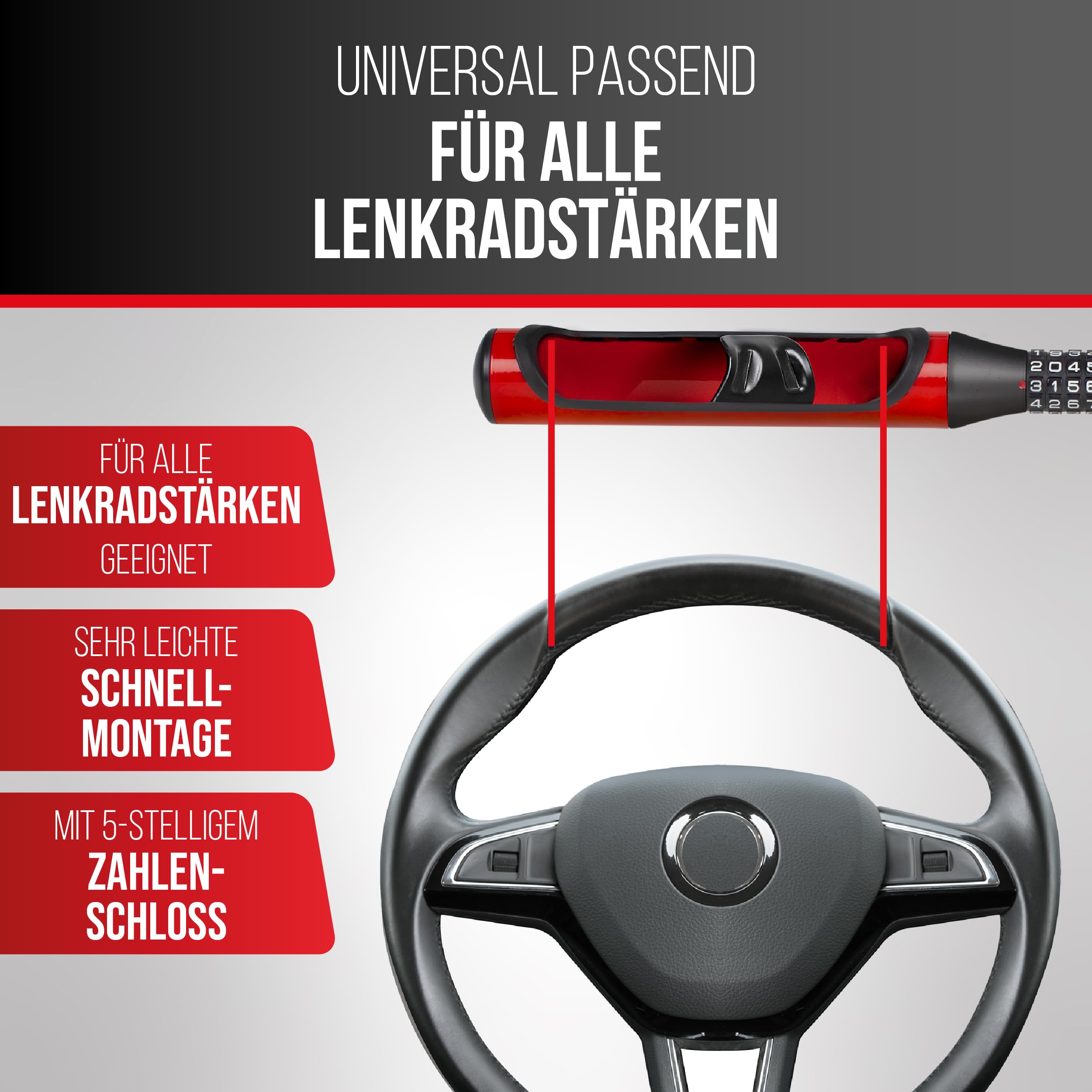 HEYNER® Lenkradsperre 640 mm – Baseball‑Design, 5‑stelliges Zahlenschloss, schwerer Diebstahlschutz, rot‑schwarz