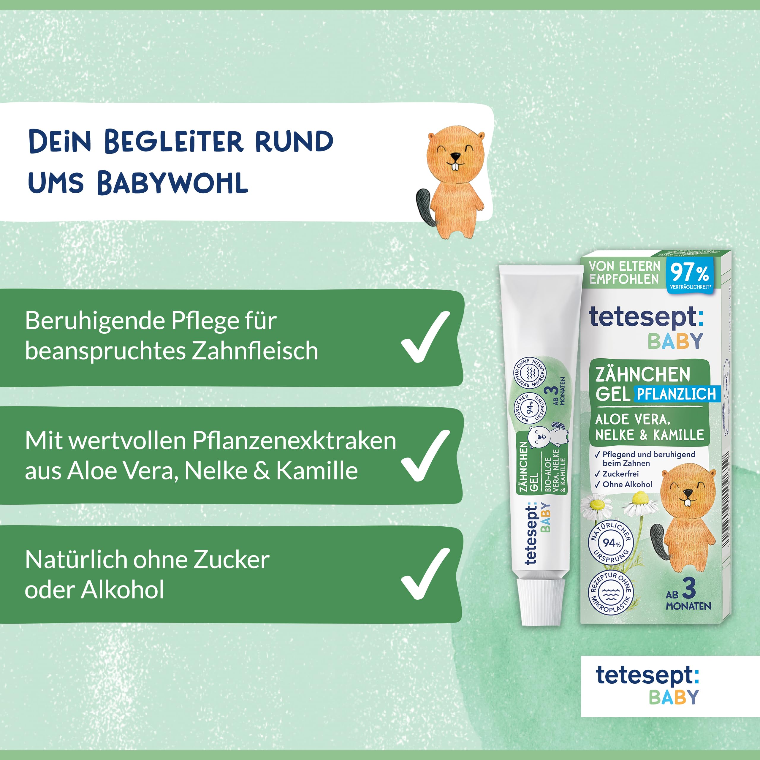 tetesept Gel dental para bebés 10 ml con aloe vera, clavo y manzanilla, calma encías, sin azúcar ni alcohol