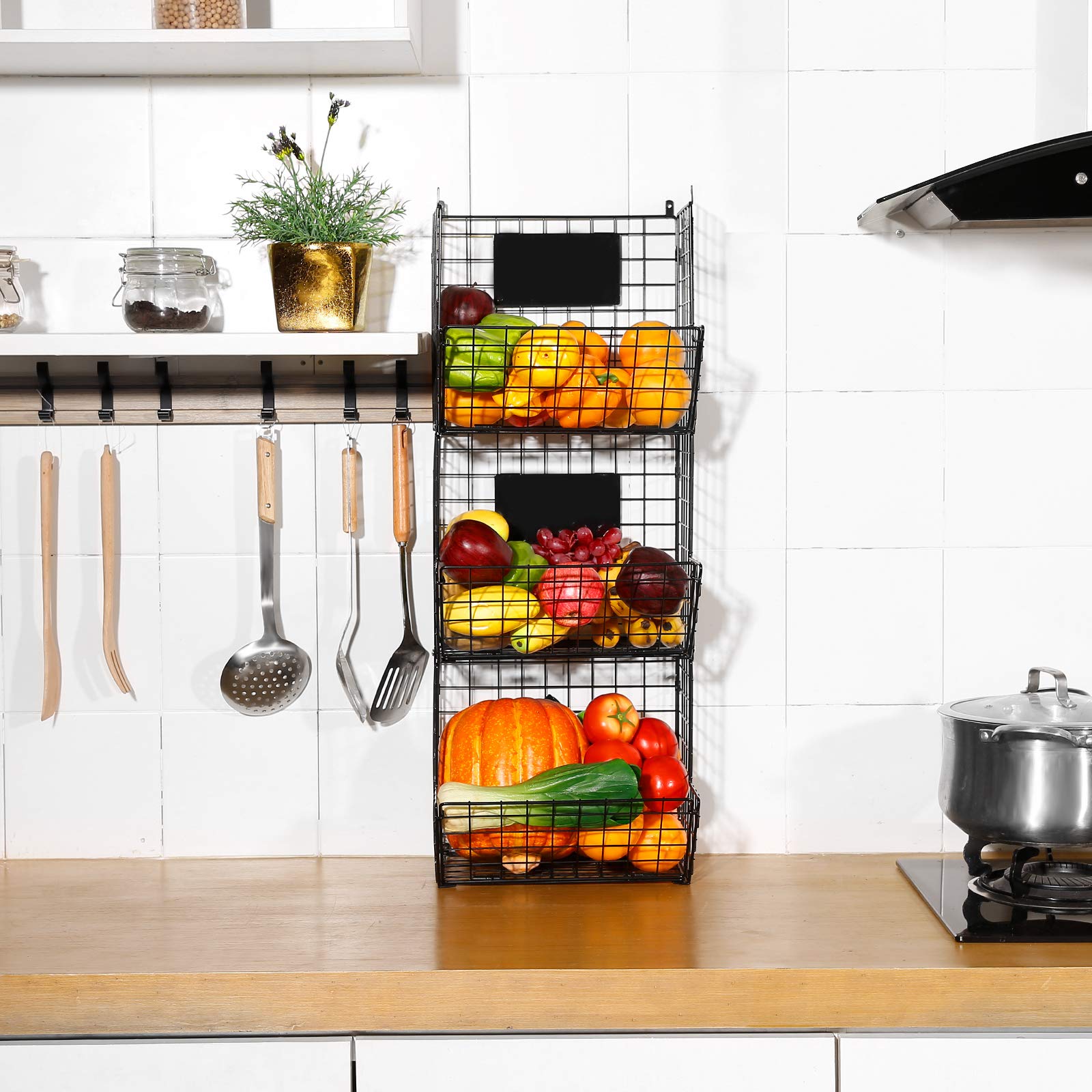 3 Tier Hanging Wire Basket Wall Mounted Storage Bins for Pantry with