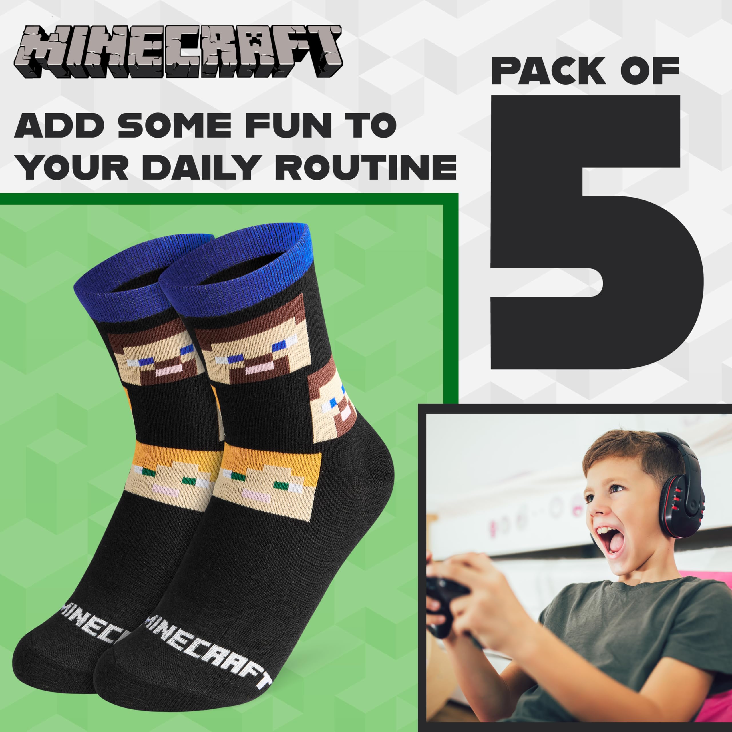 Minecraft Chaussette Enfant Garçon Mi-mollet, Paquet Multiple Chaussettes Fantaisie, Gaming Merchandise, Cadeau Gamer
