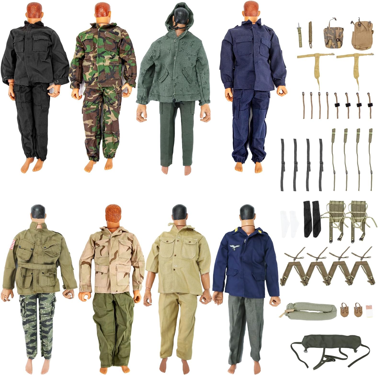 SIXPOINTS 8 Set 1/6 Scale Camo Military Uniforms Suit & Lots Harness Bag Accessories Fit for 12" GI Joe Ultimate Soldier Male Military Action Figure Body