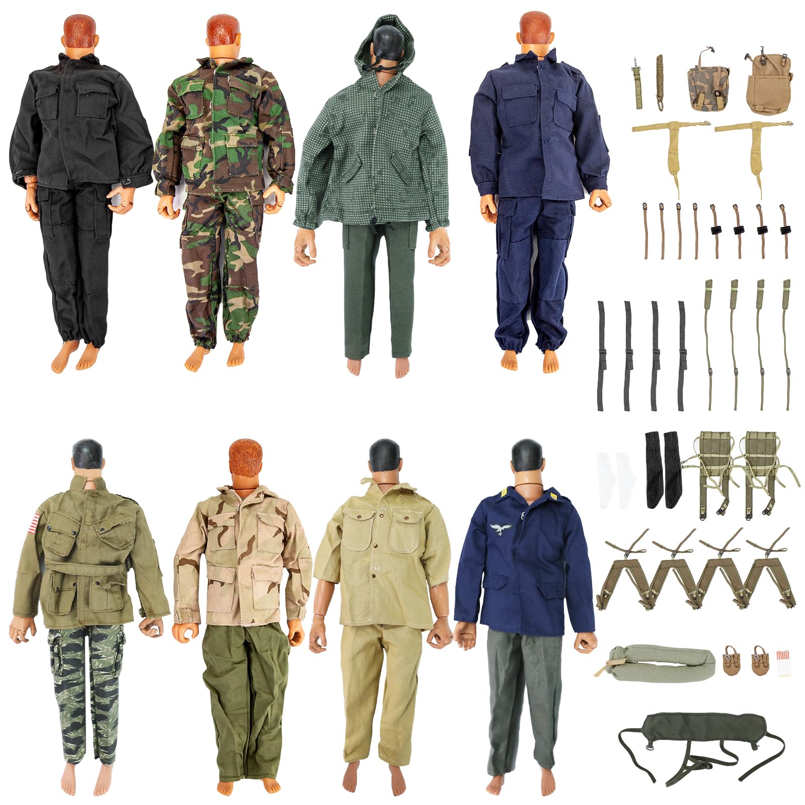 8 Set 1/6 Scale Camo Military Uniforms Suit & Lots Harness Bag Accessories Fit for 12" GI Joe Ultimate Soldier Male Military Action Figure Body