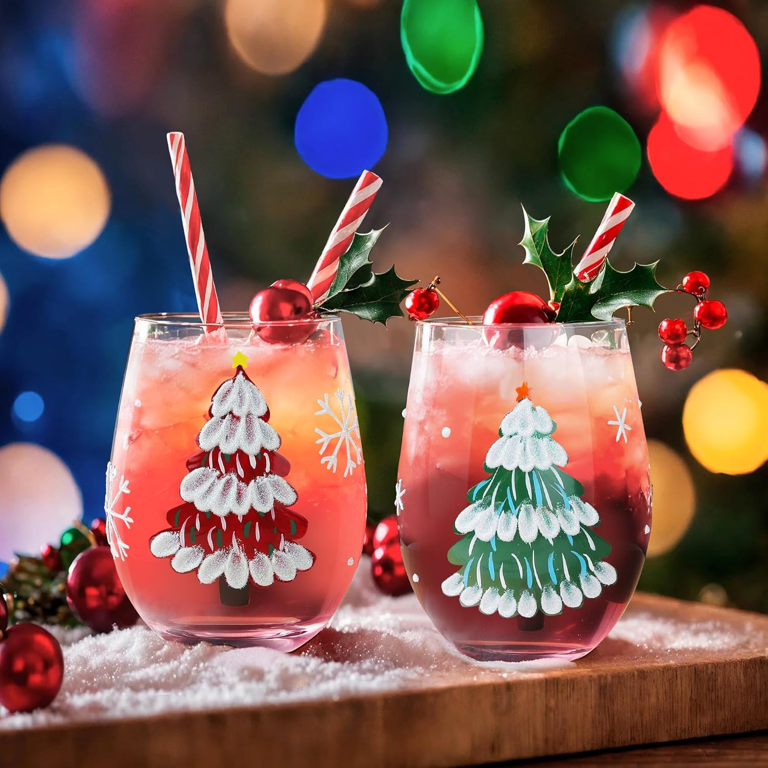 Joeyan Christmas Crystal Stemless Wine Glasses,Hand Painted Red or White Wine Glass Tumbler Cups,Large Green Xmas Tree and Snowflakes Patterned Drinking Glasses,Gift for Men Women Family,19oz,Set of 2 - Image 6