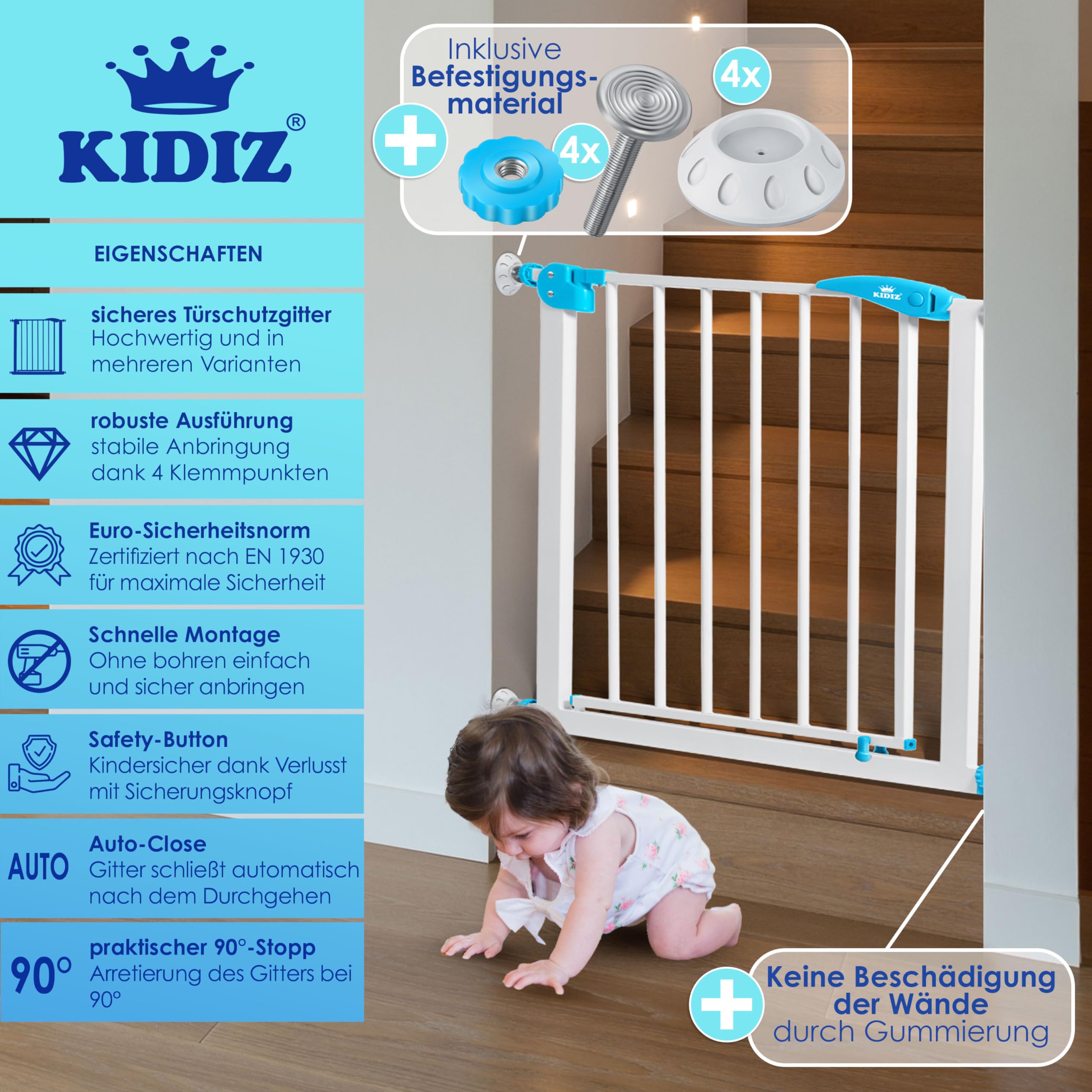 KIDIZ® Griglia di Protezione per Porte e Scale, per Bambini, Senza forature, orientabile su Entrambi i Lati,