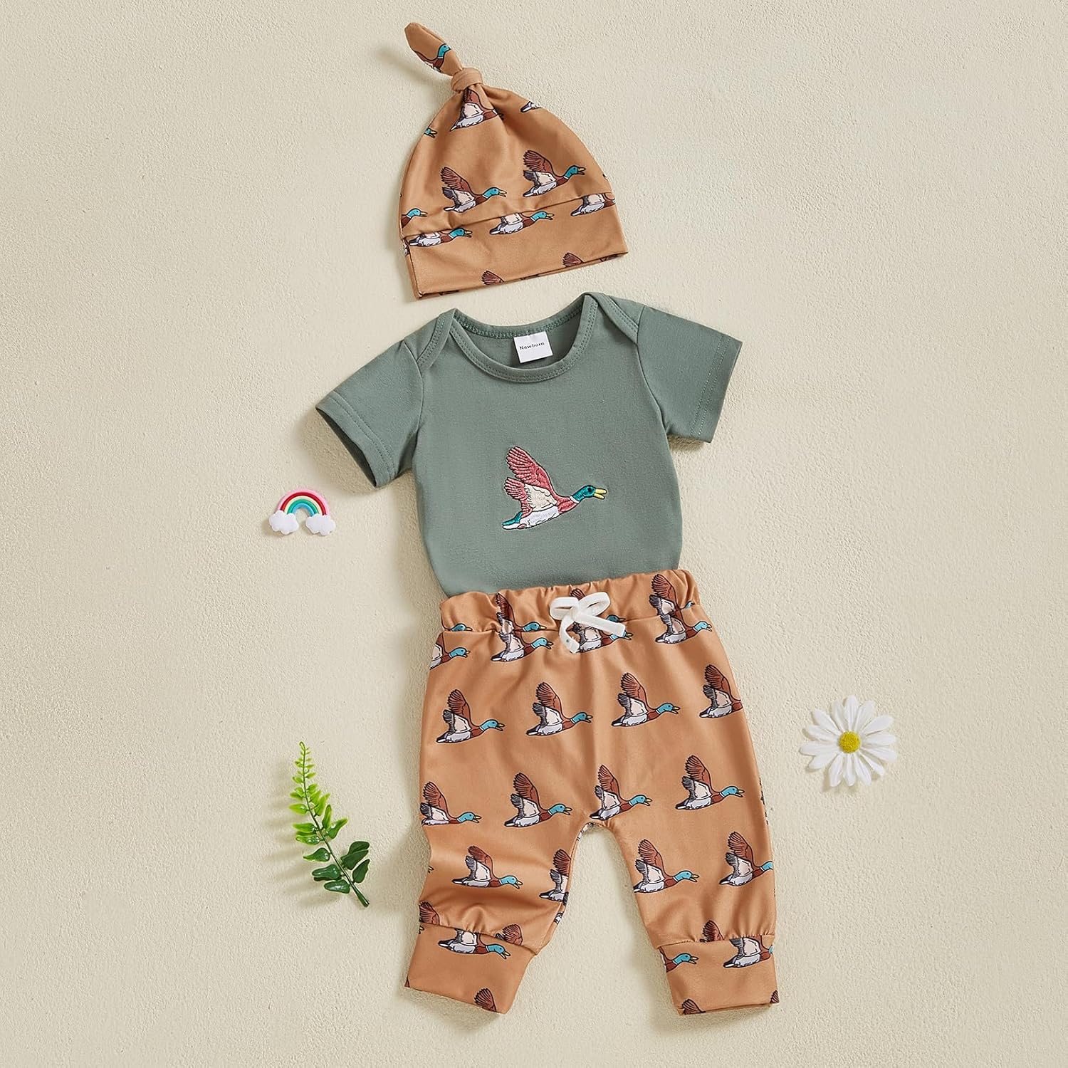 Newborn Baby Boy Hunting Outfit Deer Mallard Duck Short Sleeve Romper Jungle Camo Pants Set Hat 3Pcs Clothes - Image 3