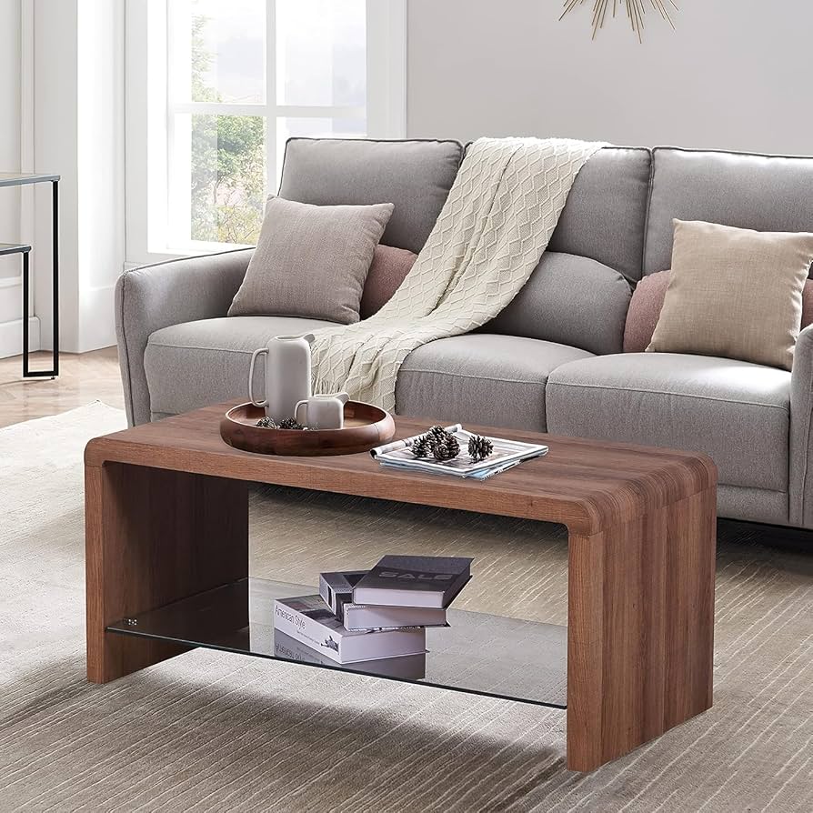 ゴールド モダン長方形コーヒーテーブル 強化ガラス天板+MDF収納