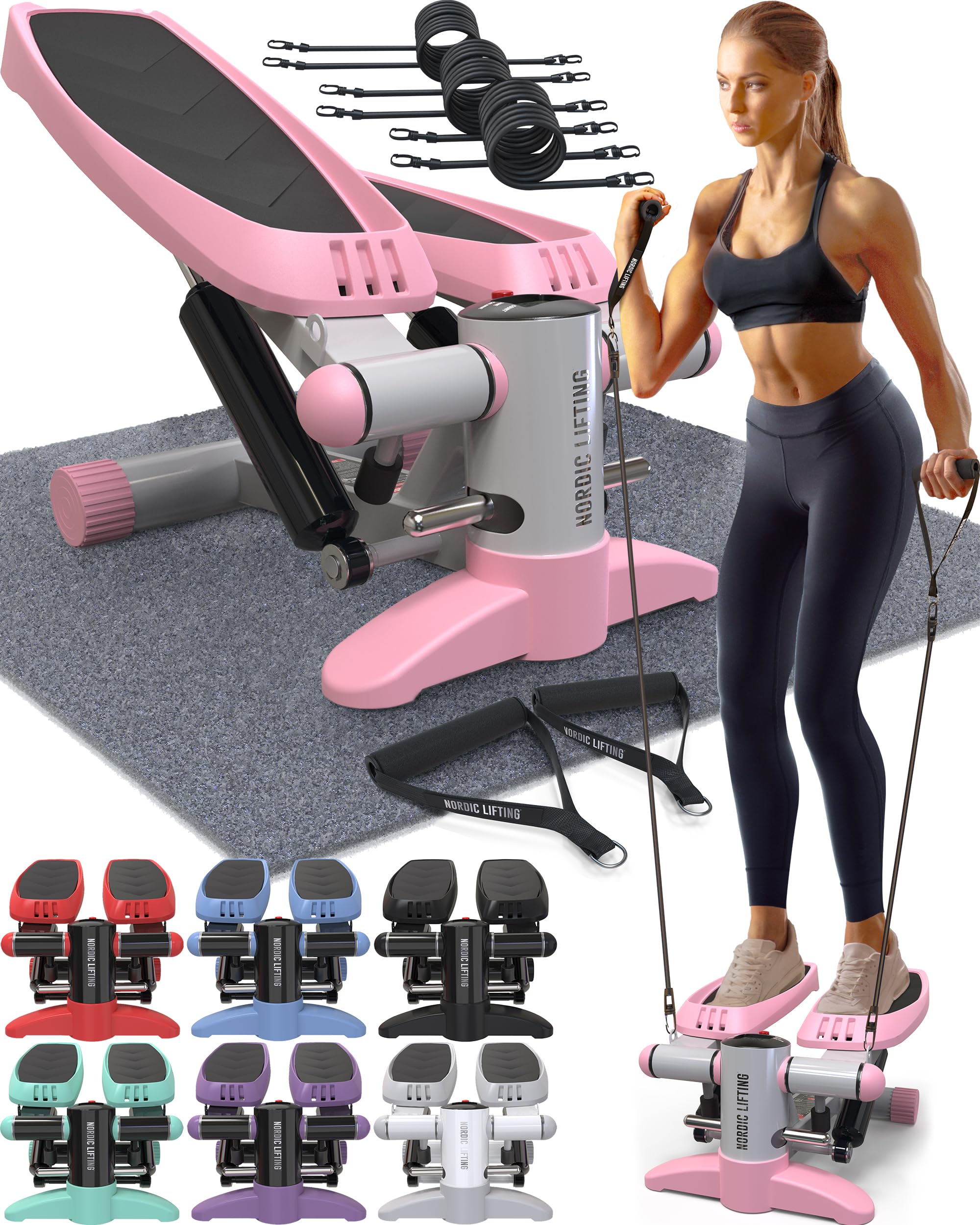 Mini Stepper & Stair Climber Machine - w/Resistance Bands Set - Built in Monitor by Nordic Lifting