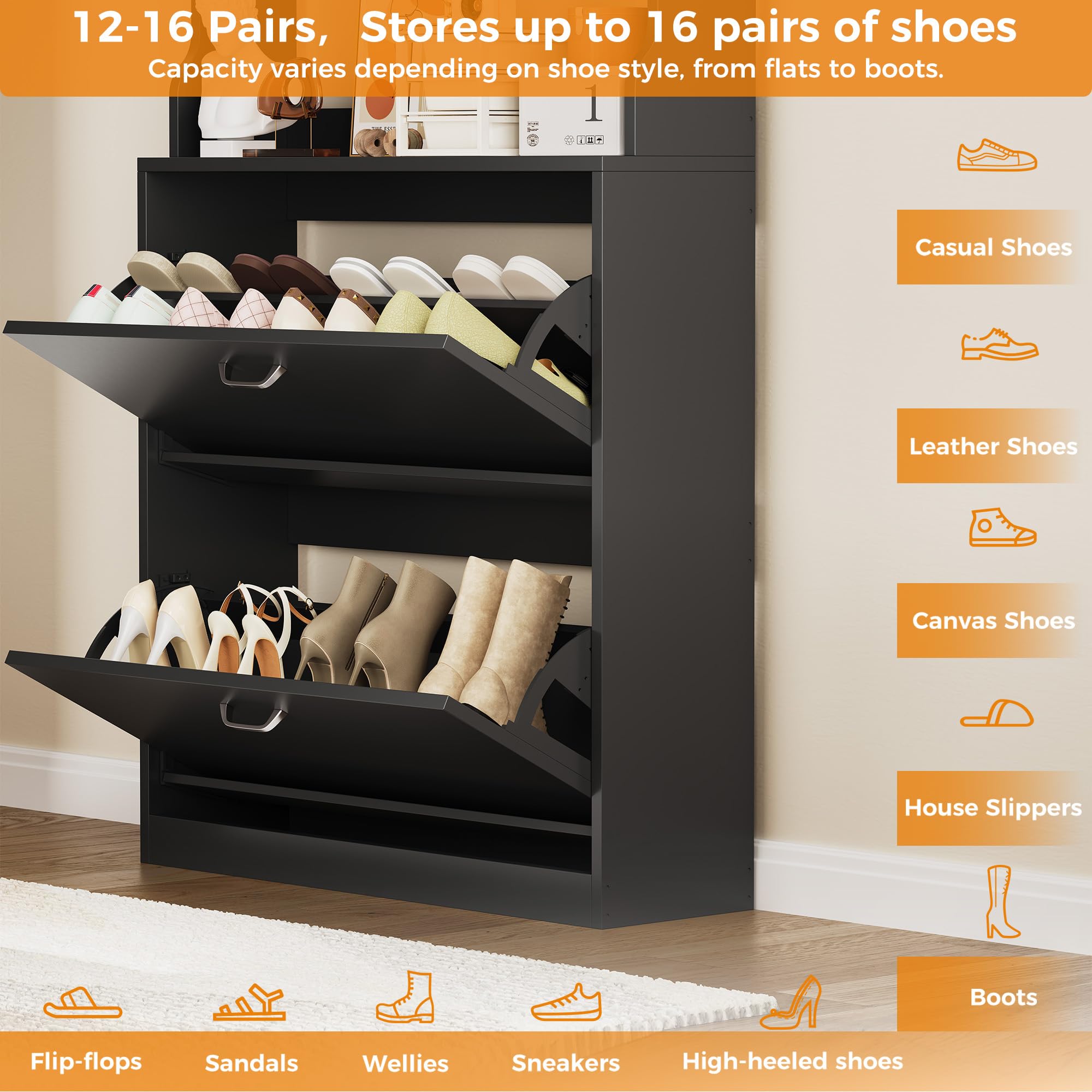 IRONCK Zapatero Alto 165cm con 2 Puertas Abatibles y 3 Estantes Abiertos, Armario Zapatero Estrecho, Mueble Organizador de Entrada para Recibidor, Pasillo y Salón, en Madera, Blanco, 165 x 80 x 24CM