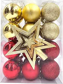 24 Bolas de Natal Lisas/Foscas/Glitter 6cm + Ponteira (Dourado e Vermelho)
