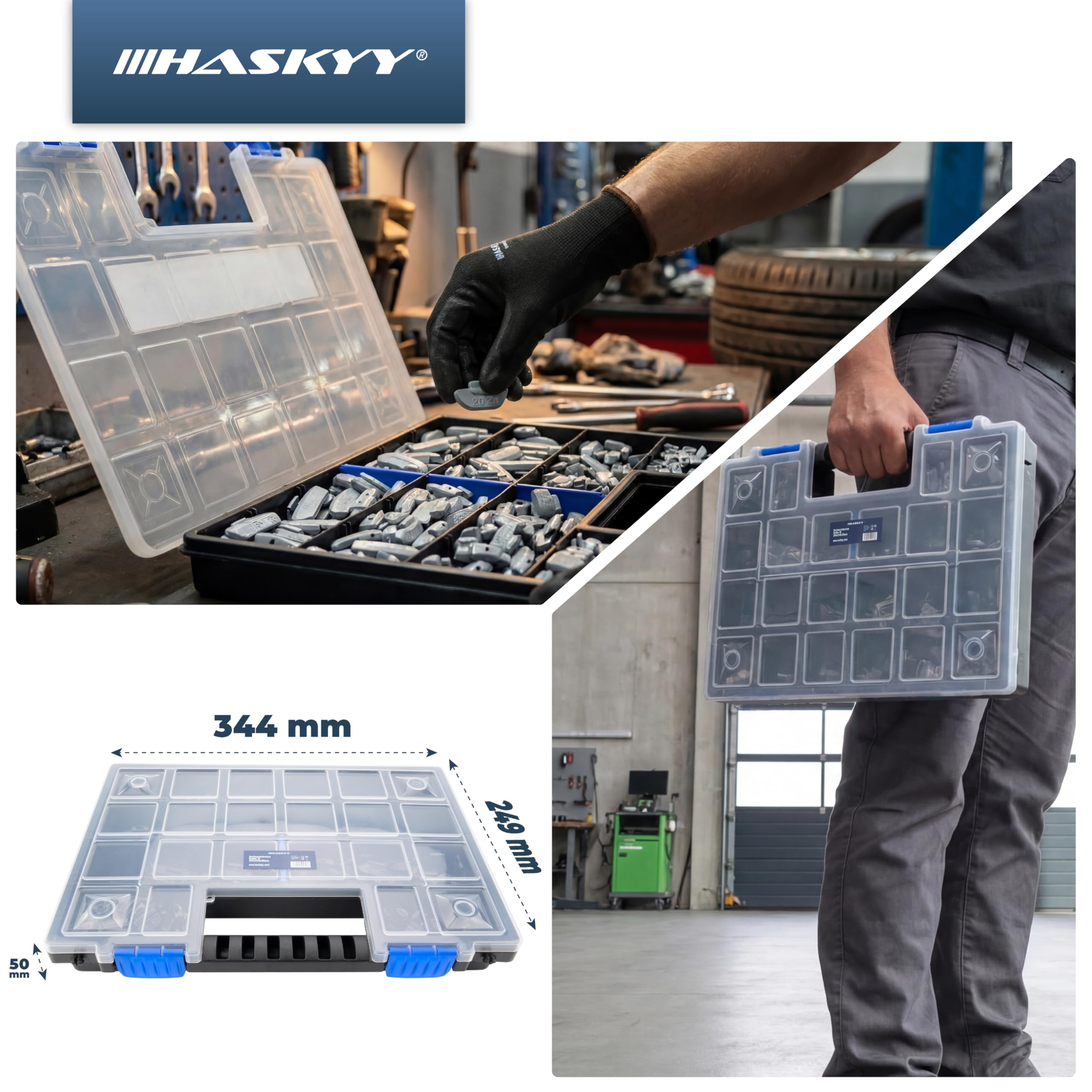 HASKYY Kit Completo Montaje Neumáticos 336 pzs - Pasta Montaje Negra 3 kg, Pesas Equilibrado Adhesivas y de Golpe, Válvulas TR412/413/414/418, Alicate Pesas, Extractor Válvula, Borrador Adhesivo, Caja