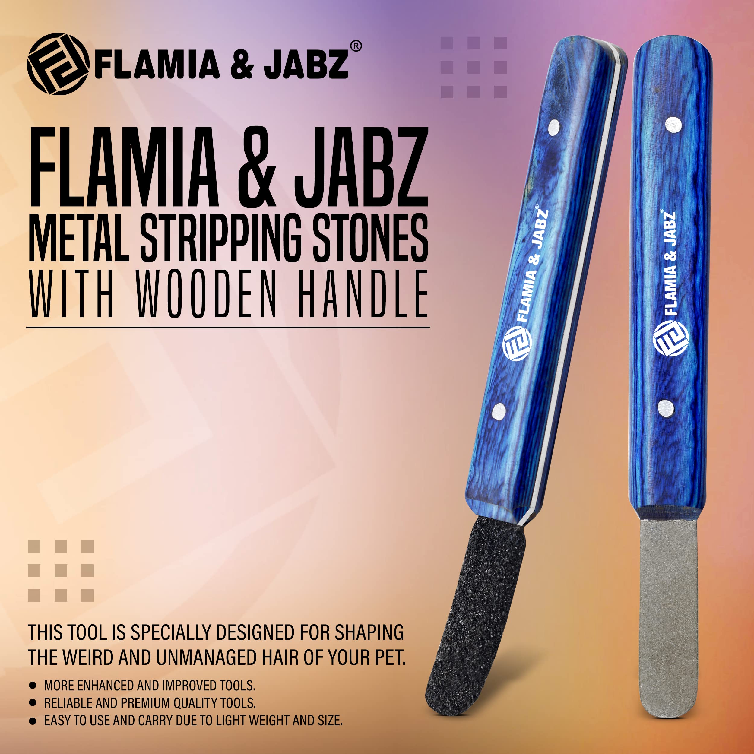 FLAMIA & JABZ Abisolieren Metall Stein Diamant eingefasst für Hunde, Katzen & Haustiere mit Holzgriff (2 Stück Packung grob & fein)