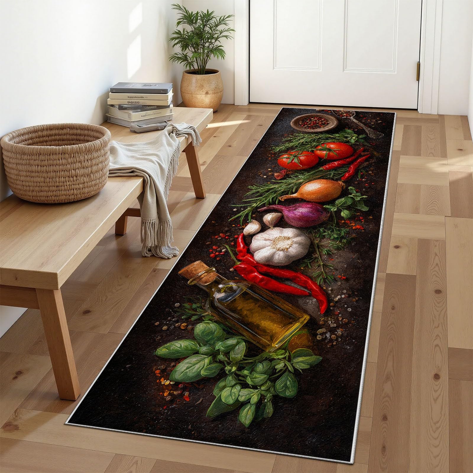 Tapis Cuisine Épices Tapis Couloir 60x210 cm Légumes Antidérapant et Lavable Feast Carpet pour Chambre à Coucher Salon Buanderie