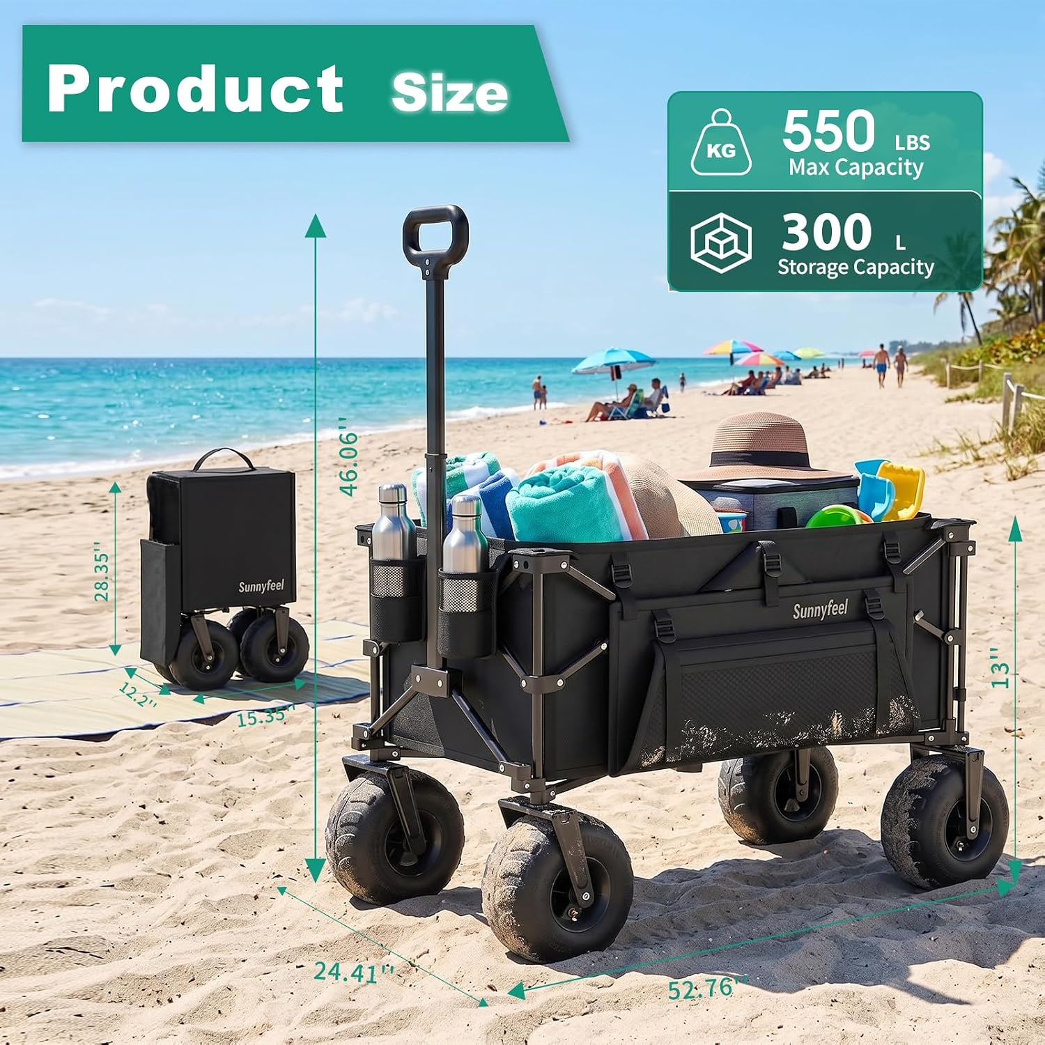 SUNNYFEEL Beach Wagon with Big Wheels for Sand - 300L Large Capacity image 4